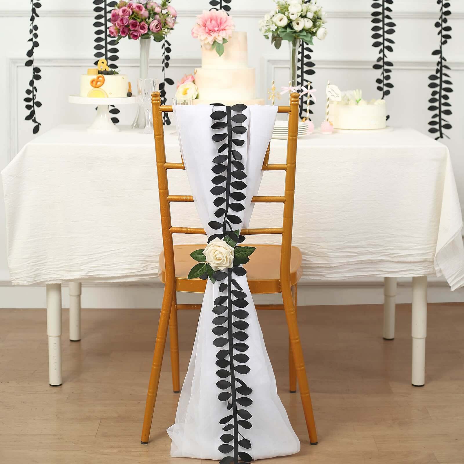 Leaf Petal Taffeta Ribbon Sash Black 50ft 4" - Artificial DIY Fabric Garland - Image 4