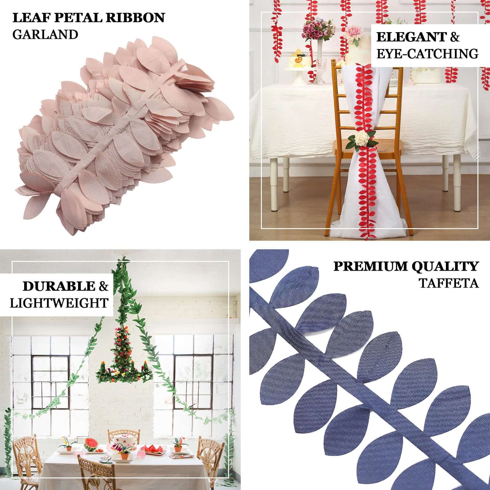 Leaf Petal Taffeta Ribbon Sash Champagne 50ft 4" - Artificial DIY Fabric Garland - Image 4