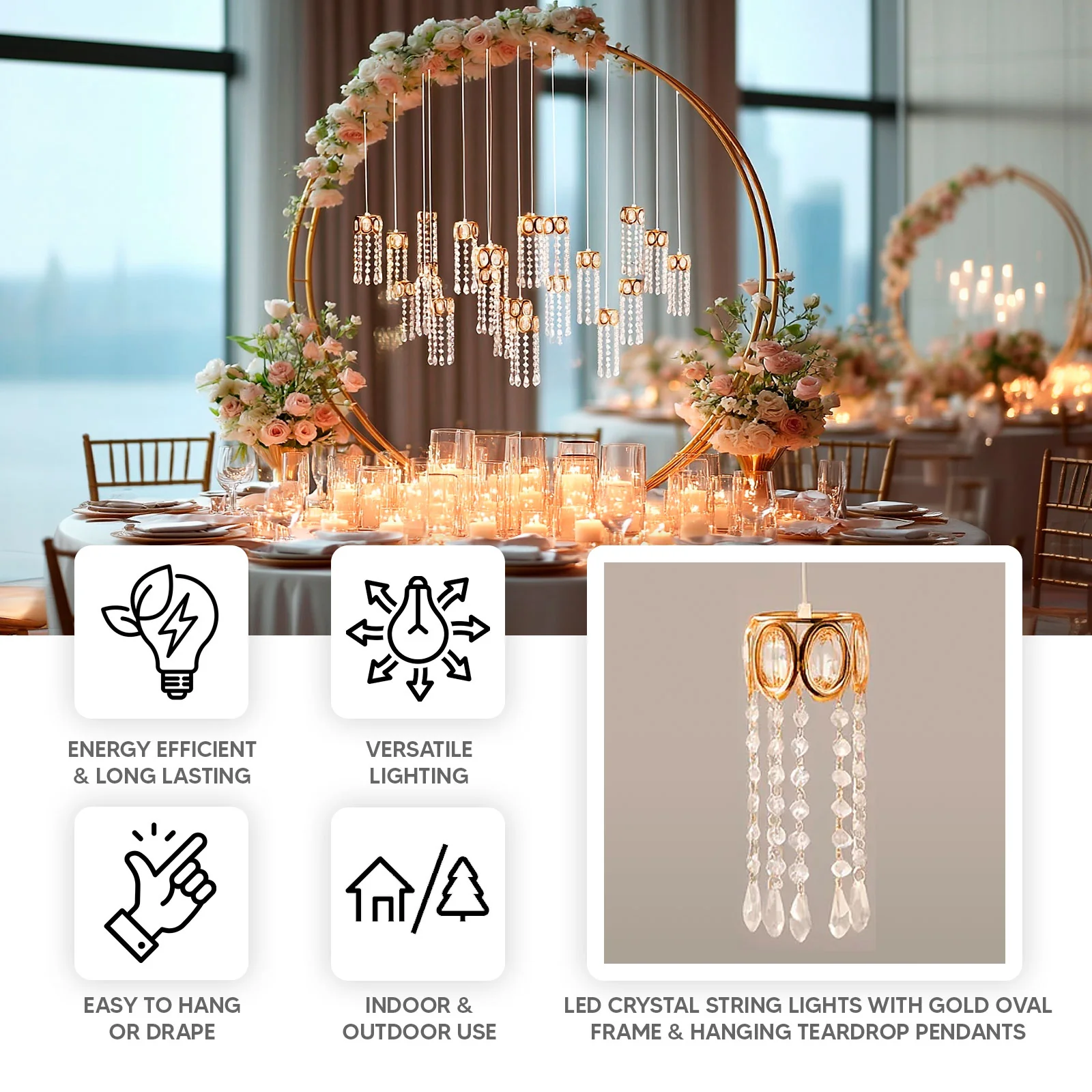 LED Crystal String Lights, Gold Oval Frame with Hanging Teardrop Pendants, Warm White Plug-in Chandelier Décor - Image 4
