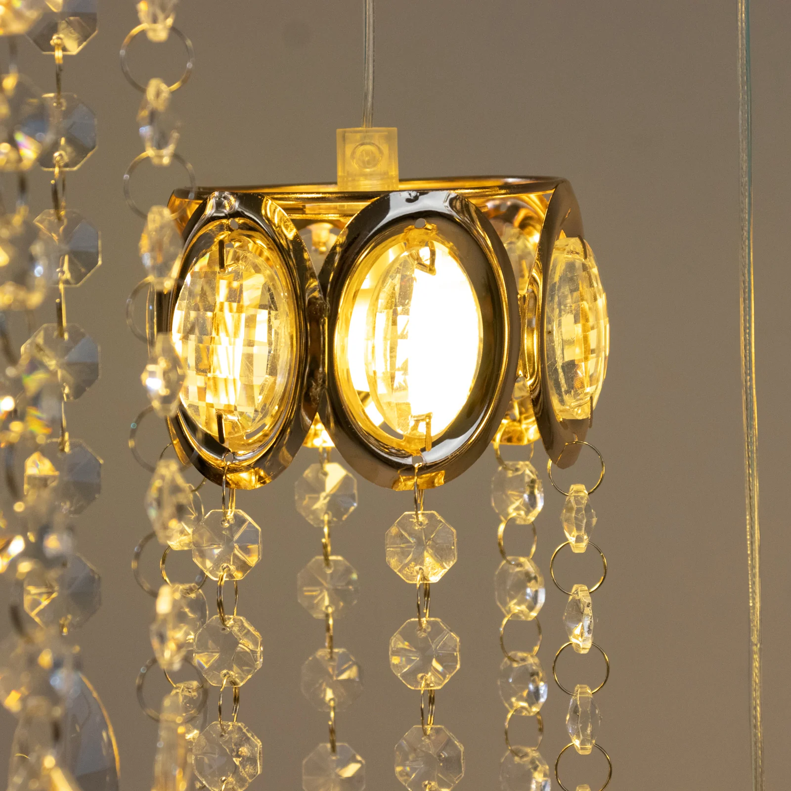 LED Crystal String Lights, Gold Oval Frame with Hanging Teardrop Pendants, Warm White Plug-in Chandelier Décor - Image 6