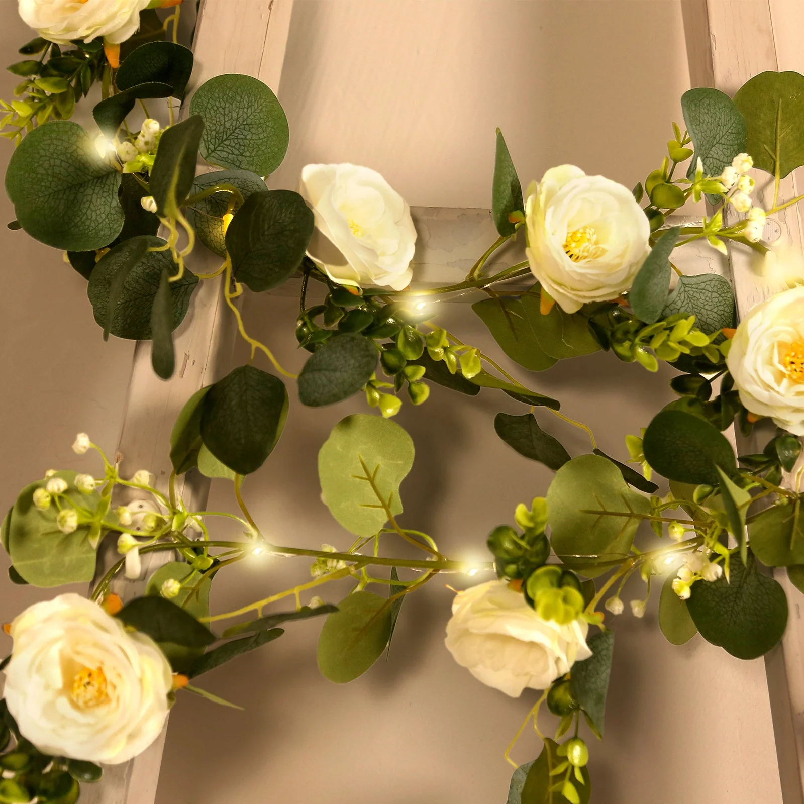 LED Greenery Garland with Artificial Eucalyptus & Peony Florals - Battery Operated Green Garland for Table & Fireplace Décor - 5.5ft - Image 3