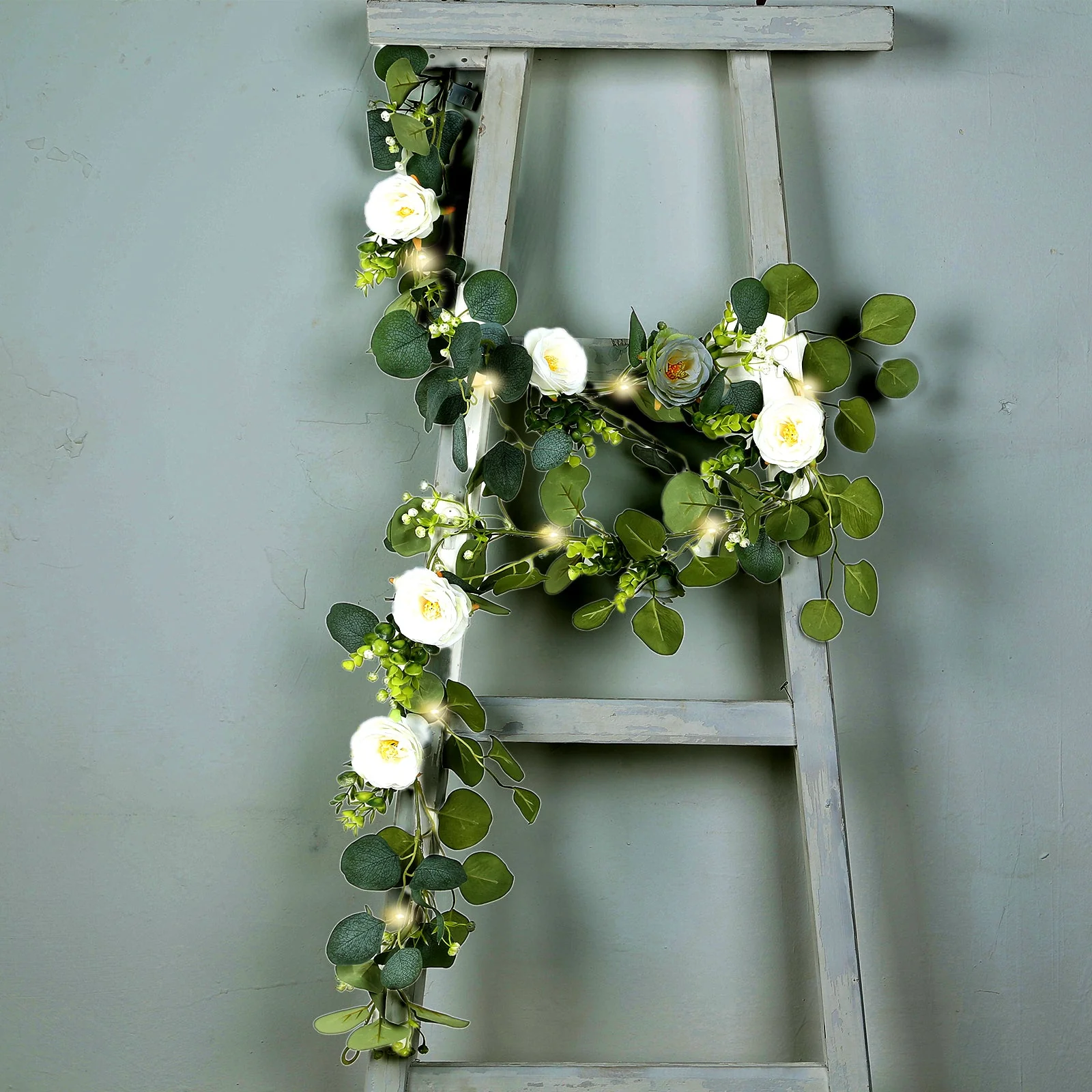 LED Greenery Garland with Artificial Eucalyptus & Peony Florals - Battery Operated Green Garland for Table & Fireplace Décor - 5.5ft - Image 7