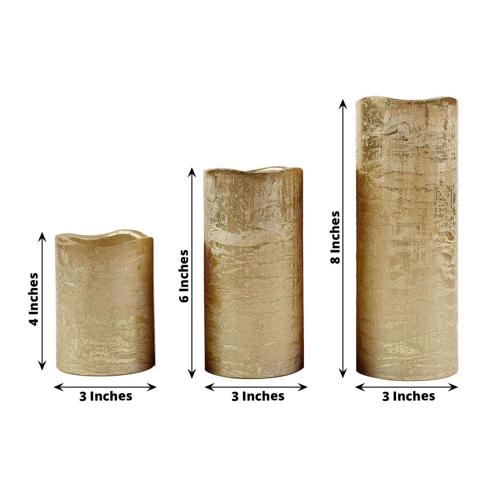 Set of 3 LED Pillar Candles Metallic Gold 4", 6", 8" - Remote Operated Battery Powered Flameless Lighting - Image 3