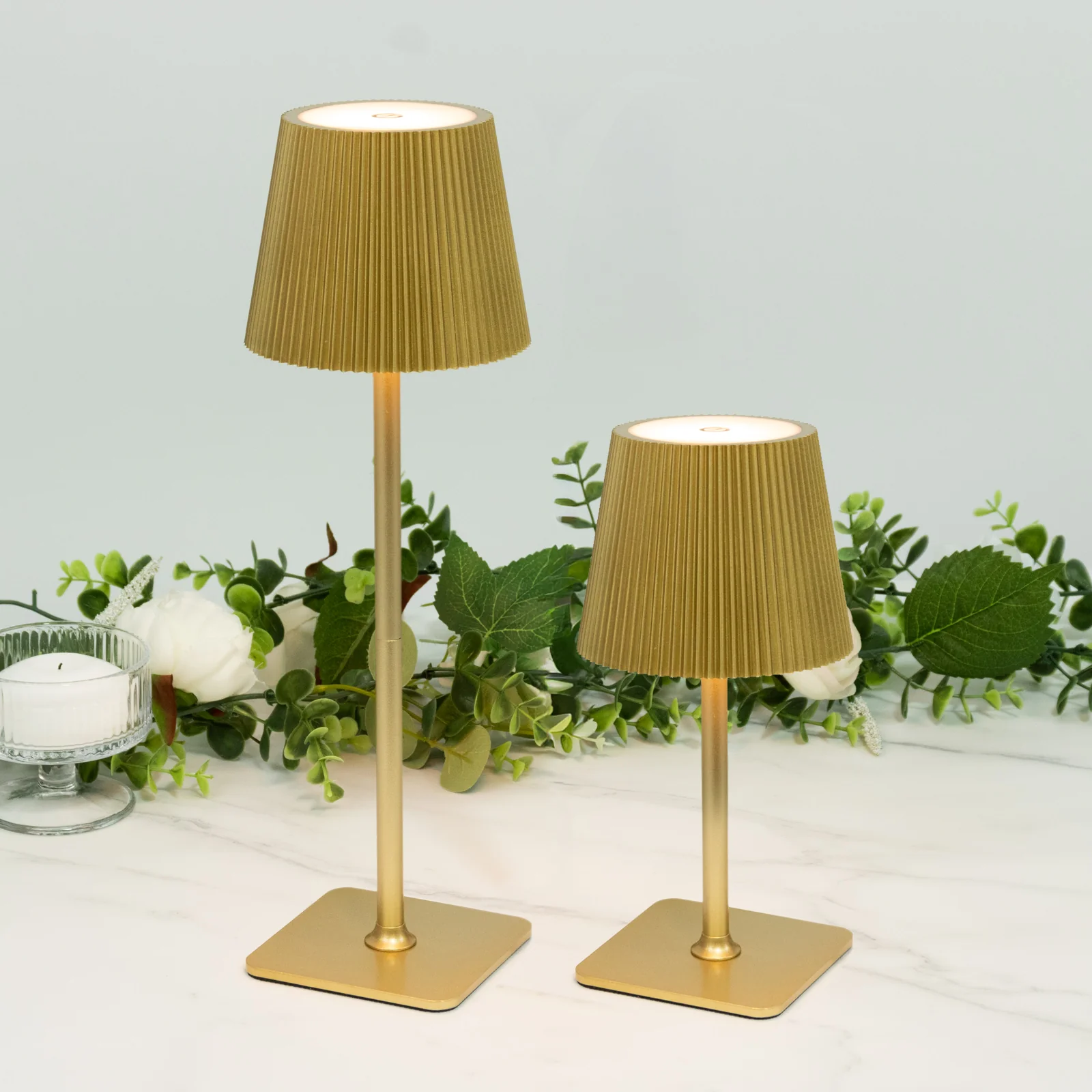 Heavy Duty LED Table Lamp, Cordless Gold Metal Commercial Grade USB Rechargeable 1500mAh Touch Control Lamp, Adjustable Height 9"/14", 3 Color Modes, Dimmable, Ribbed Shade