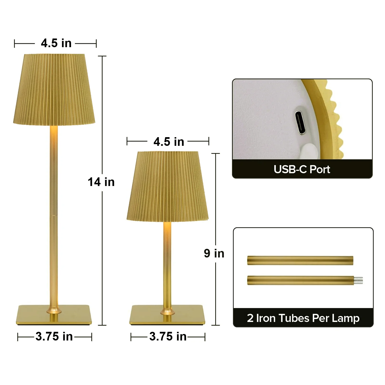 Heavy Duty LED Table Lamp, Cordless Gold Metal Commercial Grade USB Rechargeable 1500mAh Touch Control Lamp, Adjustable Height 9"/14", 3 Color Modes, Dimmable, Ribbed Shade - Image 3