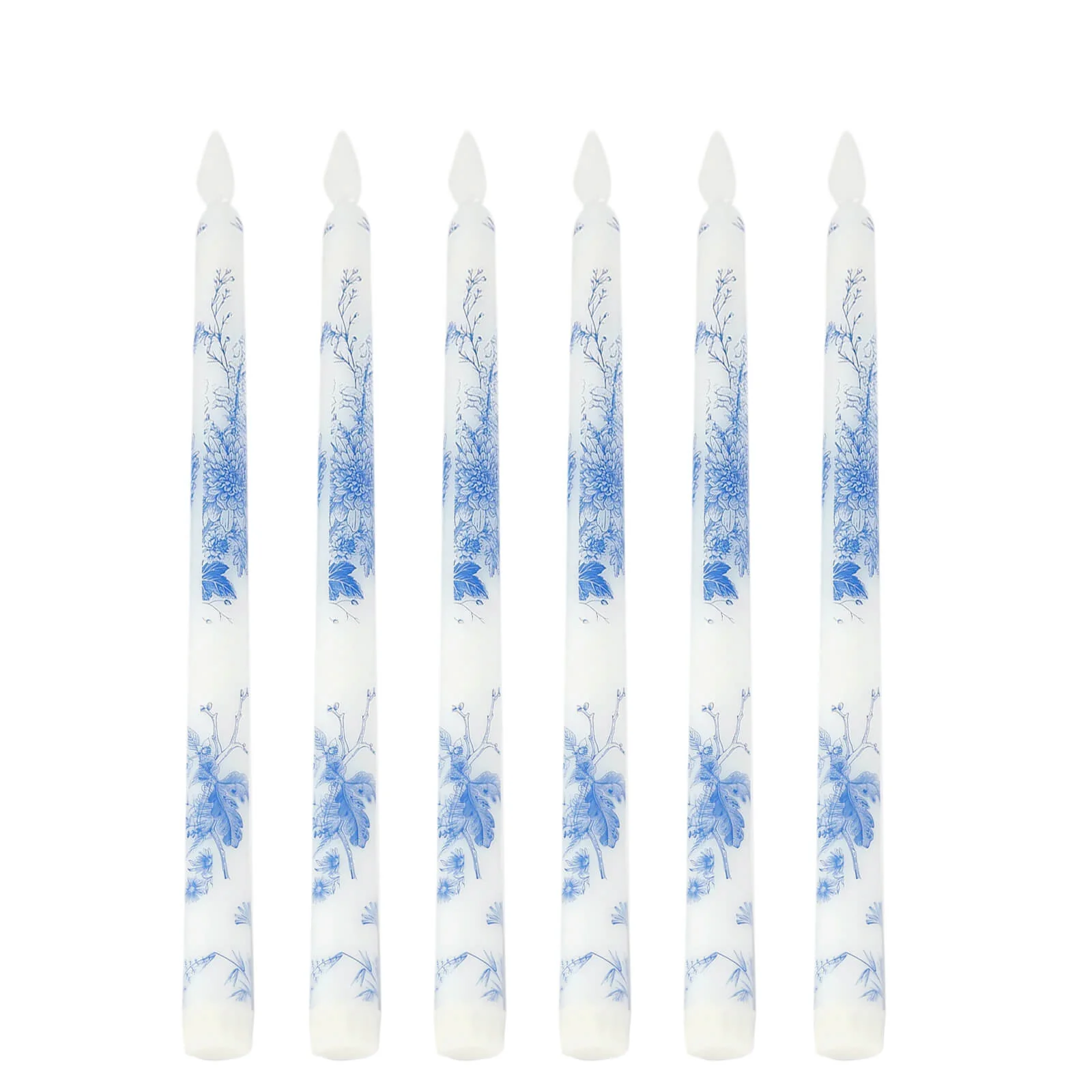 6-Pack LED Flameless Taper Candles – 11" Battery Operated Flickering, White & Blue French Toile Design - Image 6