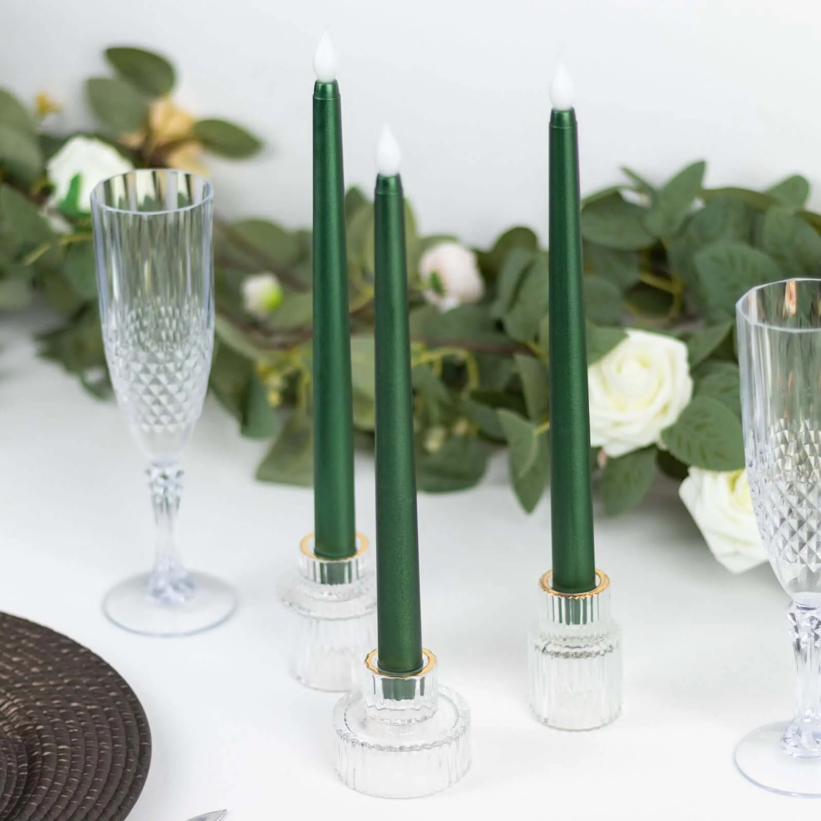 3-Pack LED Taper Candles 11" Warm Flickering Hunter Emerald Green - Flameless Decorative Lighting - Image 2