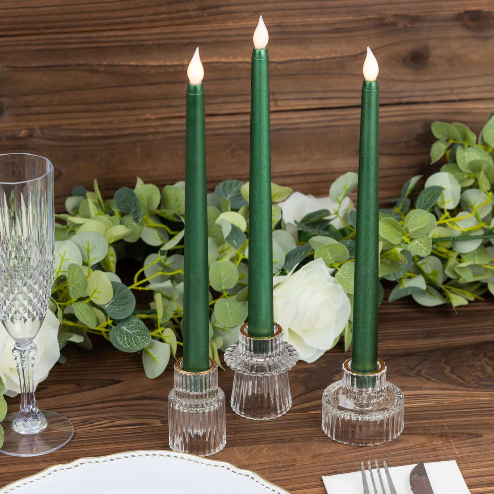 3-Pack LED Taper Candles 11" Warm Flickering Hunter Emerald Green - Flameless Decorative Lighting - Image 6