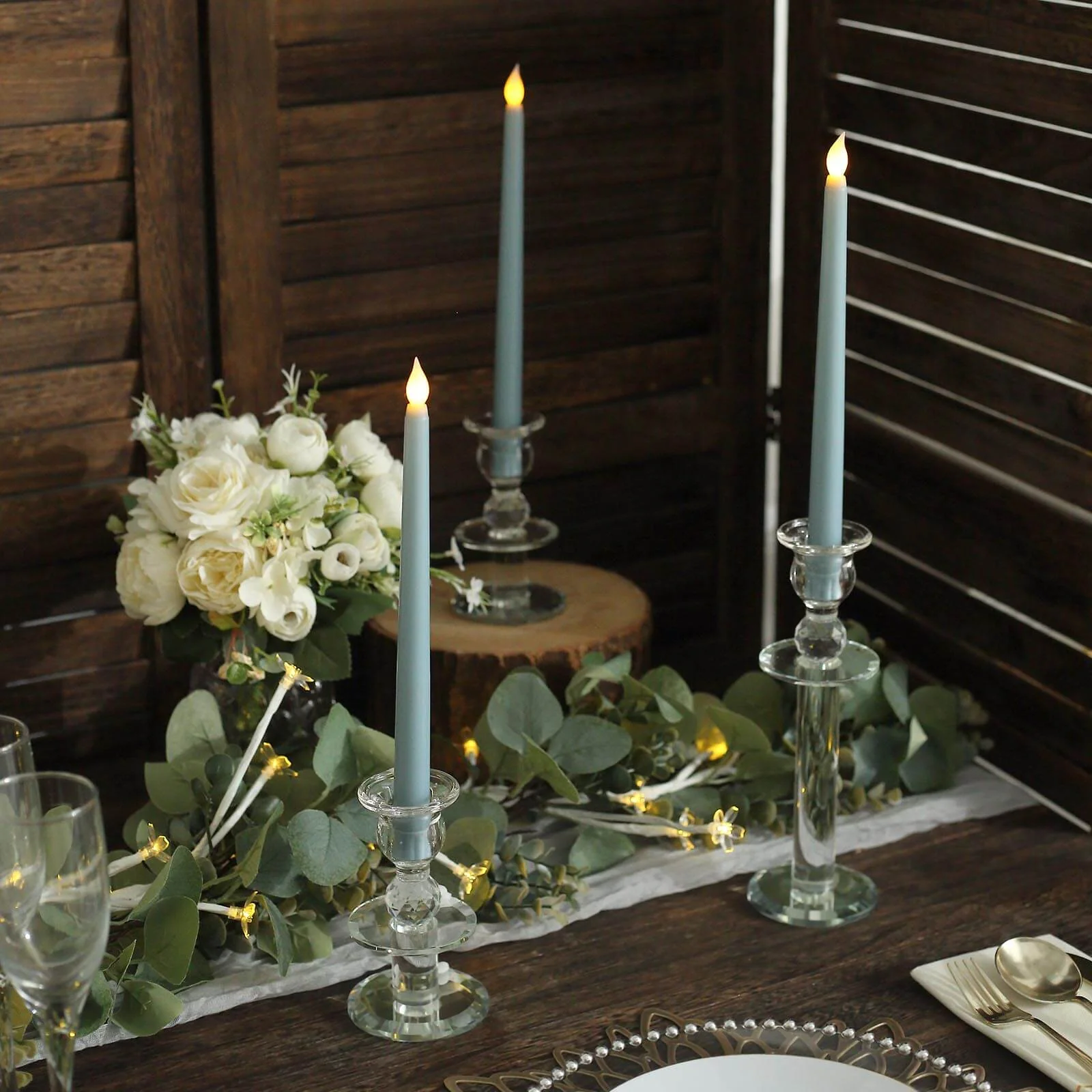 3-Pack LED Taper Candles 11" Warm Flickering Dusty Blue - Flameless Decorative Lighting - Image 2