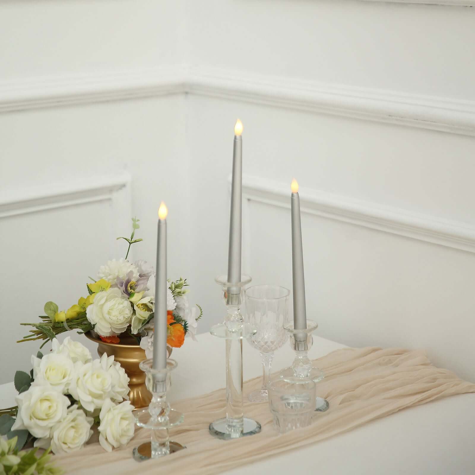 3-Pack LED Taper Candles 11" Warm Flickering Silver - Flameless Decorative Lighting - Image 2