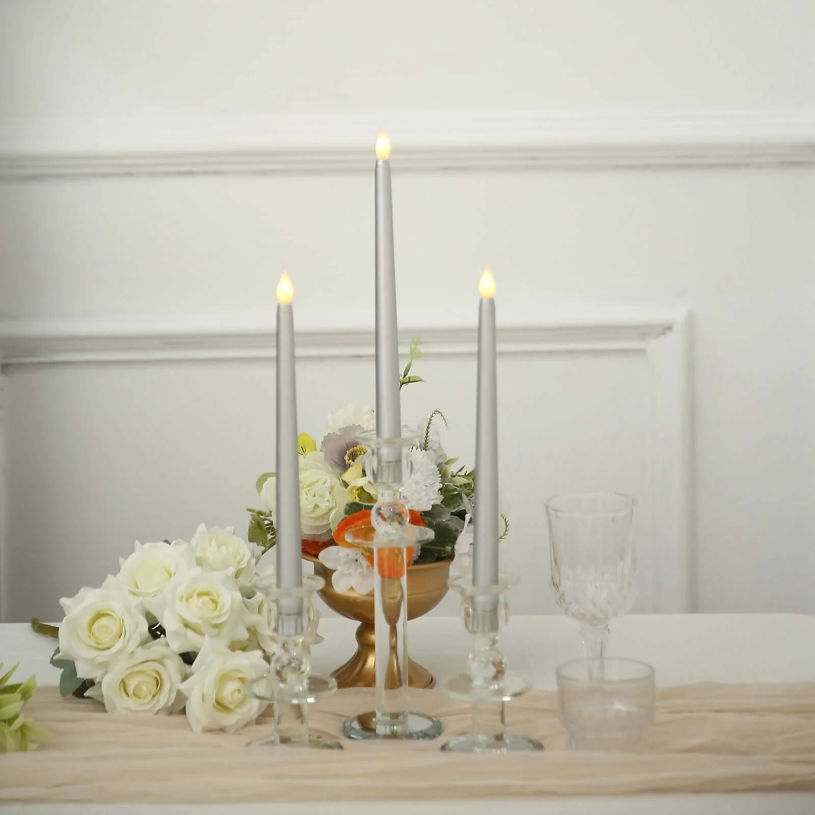 3-Pack LED Taper Candles 11" Warm Flickering Silver - Flameless Decorative Lighting - Image 9