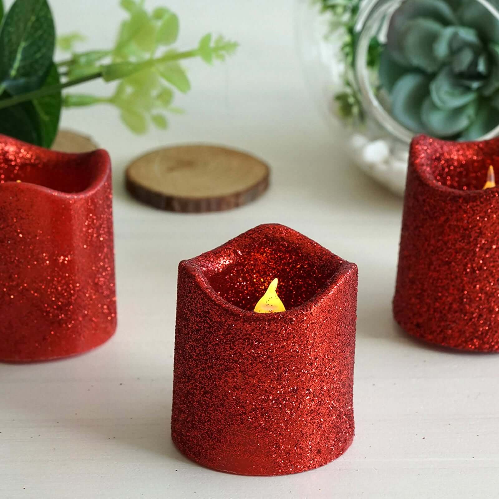 12-Pack LED Votive Candles Red Glittered Design - Flameless Battery Operated Reusable Lighting