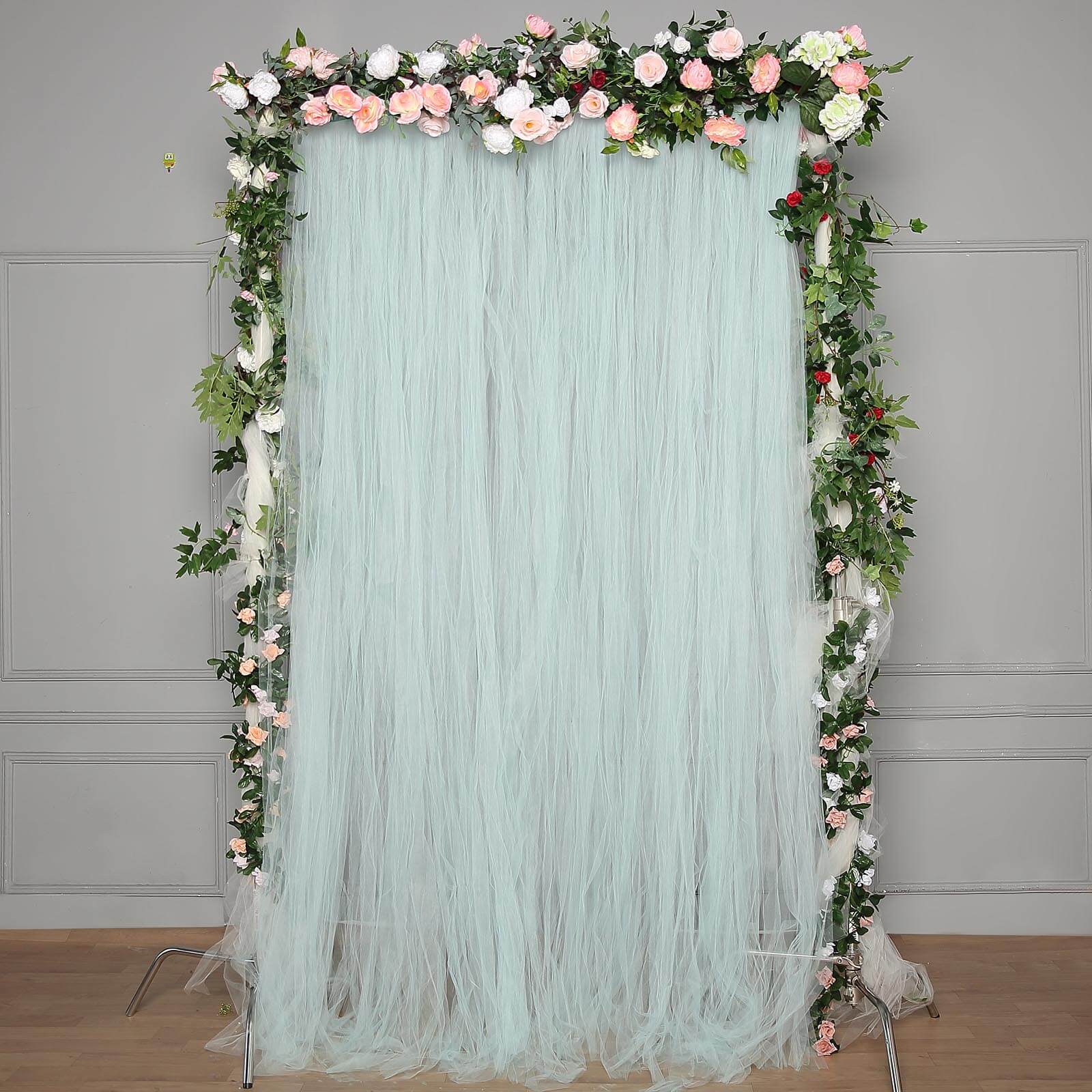 Light Blue Reversible Sheer Tulle Backdrop Drape Curtain With Satin Header, Rod Ready Photo Booth Event Divider Panel - 5ftx10ft