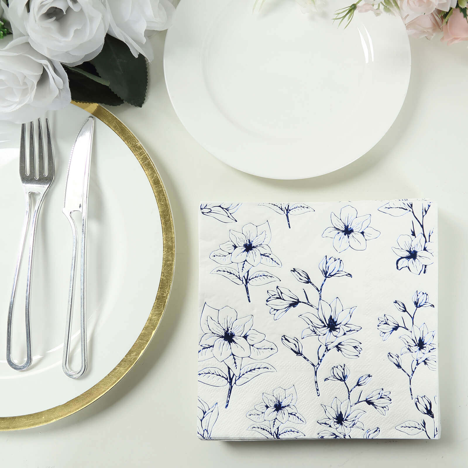 50-Pack Paper Cocktail Napkins 2 Ply White with Blue Magnolia Flowers Print - Soft and Highly Absorbent Beverage Napkins - Image 2
