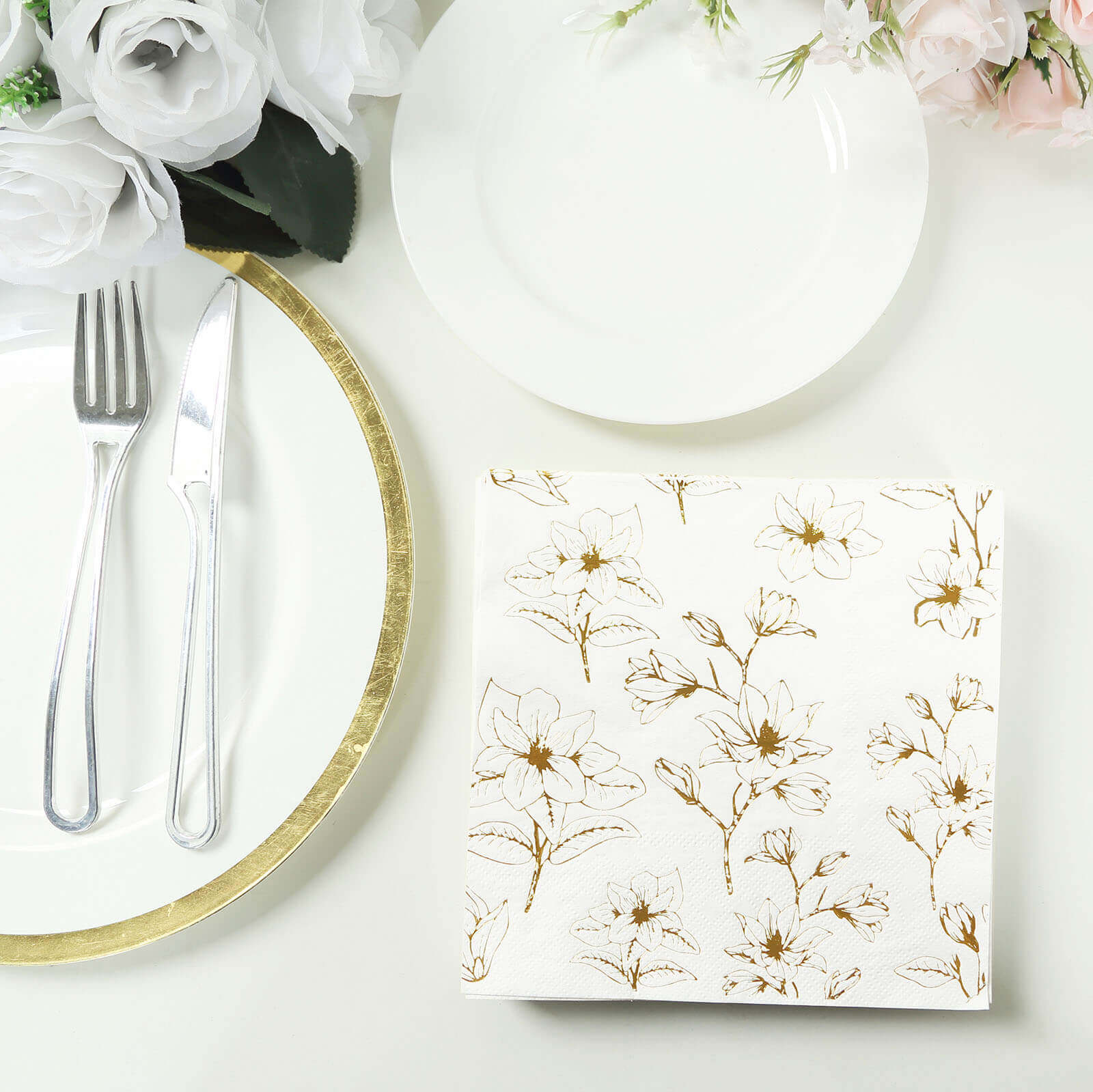 50-Pack Paper Cocktail Napkins 2 Ply White with Gold Magnolia Flowers Print - Soft and Highly Absorbent Beverage Napkins - Image 2