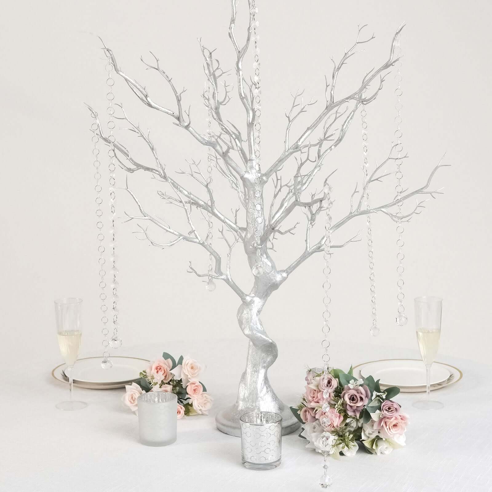 Manzanita Tree Centerpiece 34" Metallic Silver with 8 Acrylic Bead Chains - Easy Assembly Decorative Artificial Tree