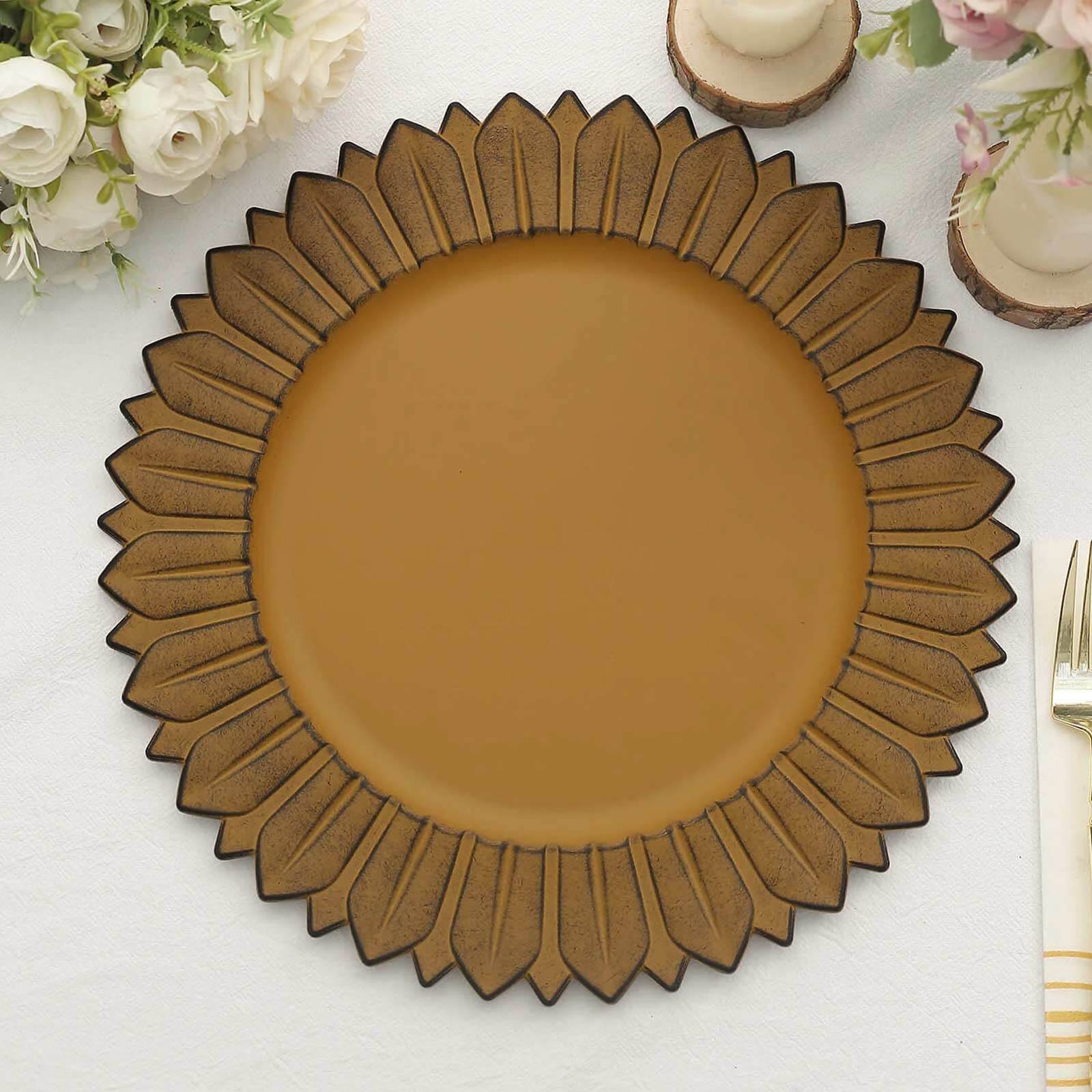 6-Pack Plastic Charger Plates 13" Round Mustard Yellow with Sunflower Rim - Matte Finish Disposable Dinner Charger Tableware