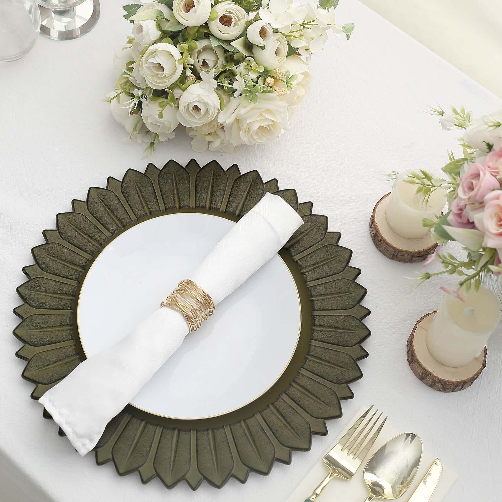6-Pack Plastic Charger Plates 13" Round Olive Green with Sunflower Rim - Matte Finish Disposable Dinner Charger Tableware - Image 2
