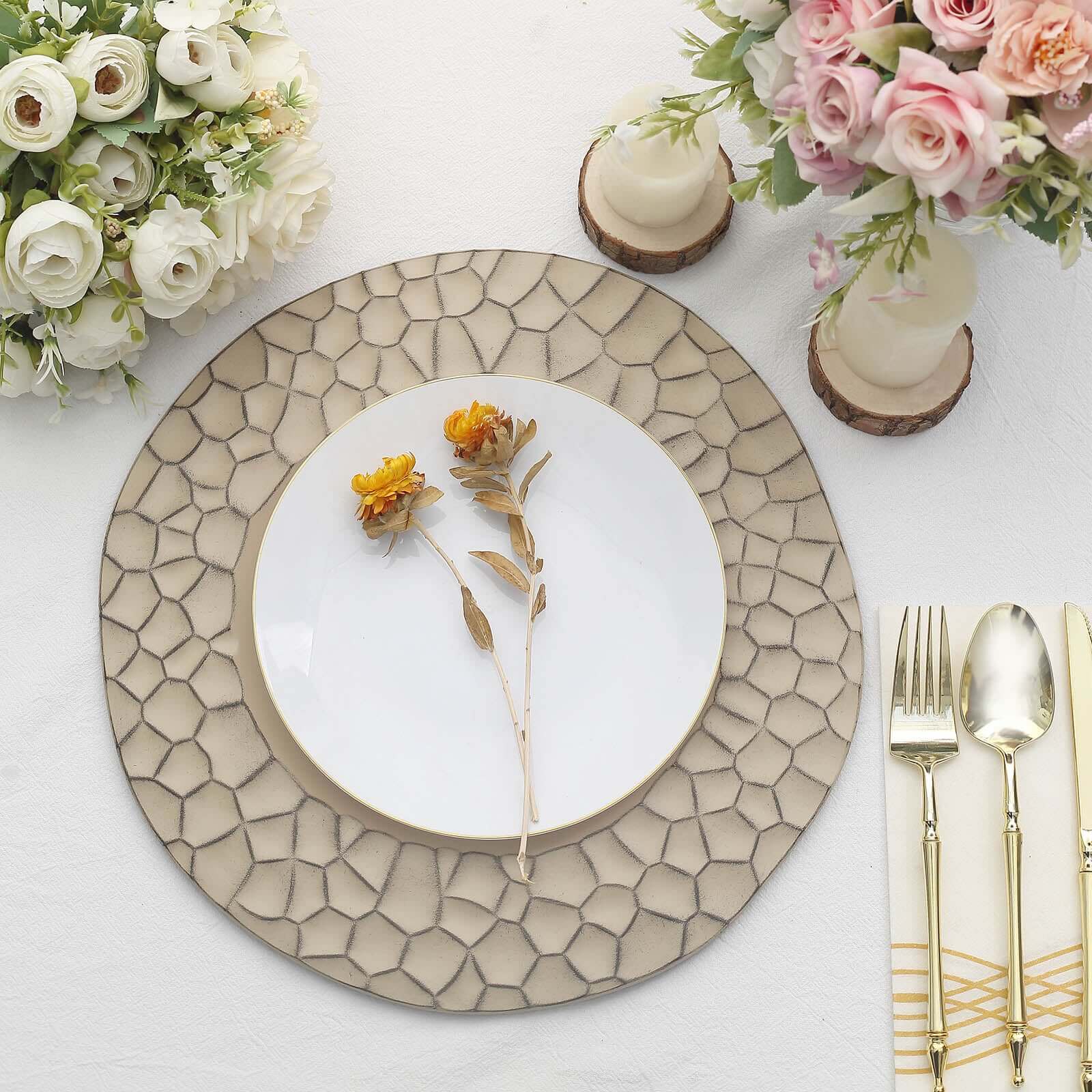 6-Pack Charger Plates 13" Round Taupe with Hammered Rim - Matte Finish Modern Dinner Charger Tableware - Image 2