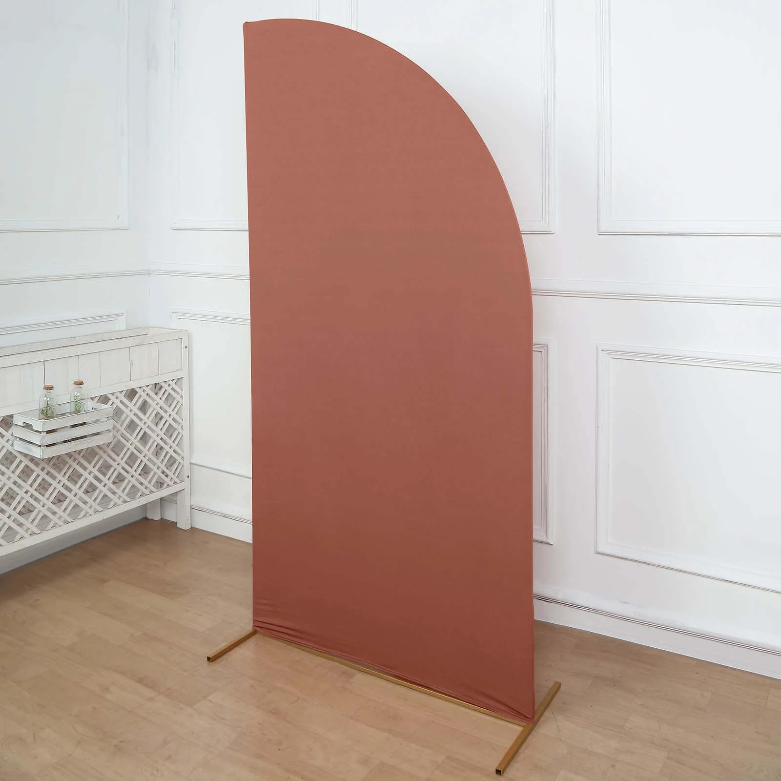 Matte Terracotta (Rust) Fitted Spandex Half Moon Wedding Arch Cover, Custom Fit Chiara Backdrop Stand Cover 7ft - Image 12