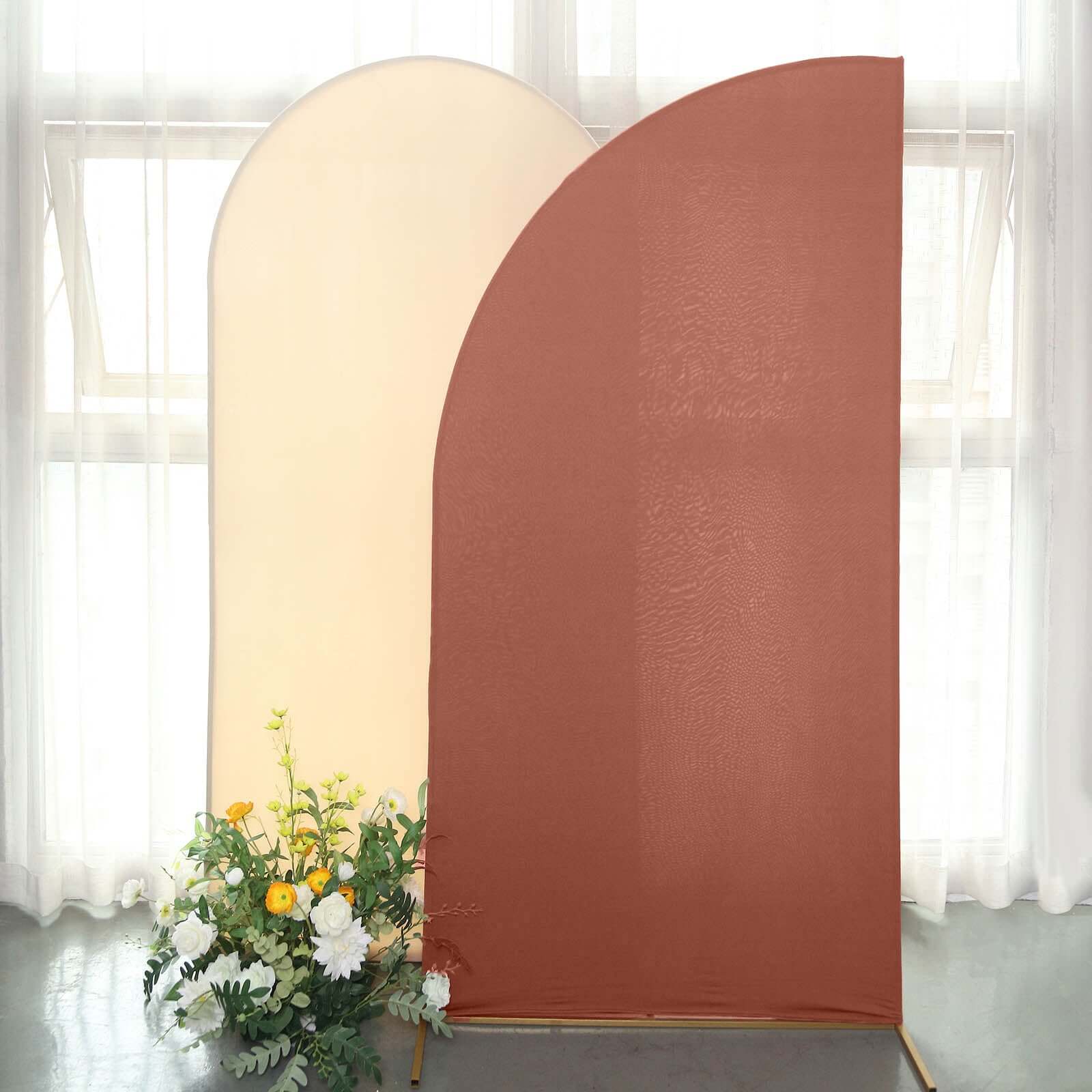 Matte Terracotta (Rust) Fitted Spandex Half Moon Wedding Arch Cover, Custom Fit Chiara Backdrop Stand Cover 7ft - Image 6
