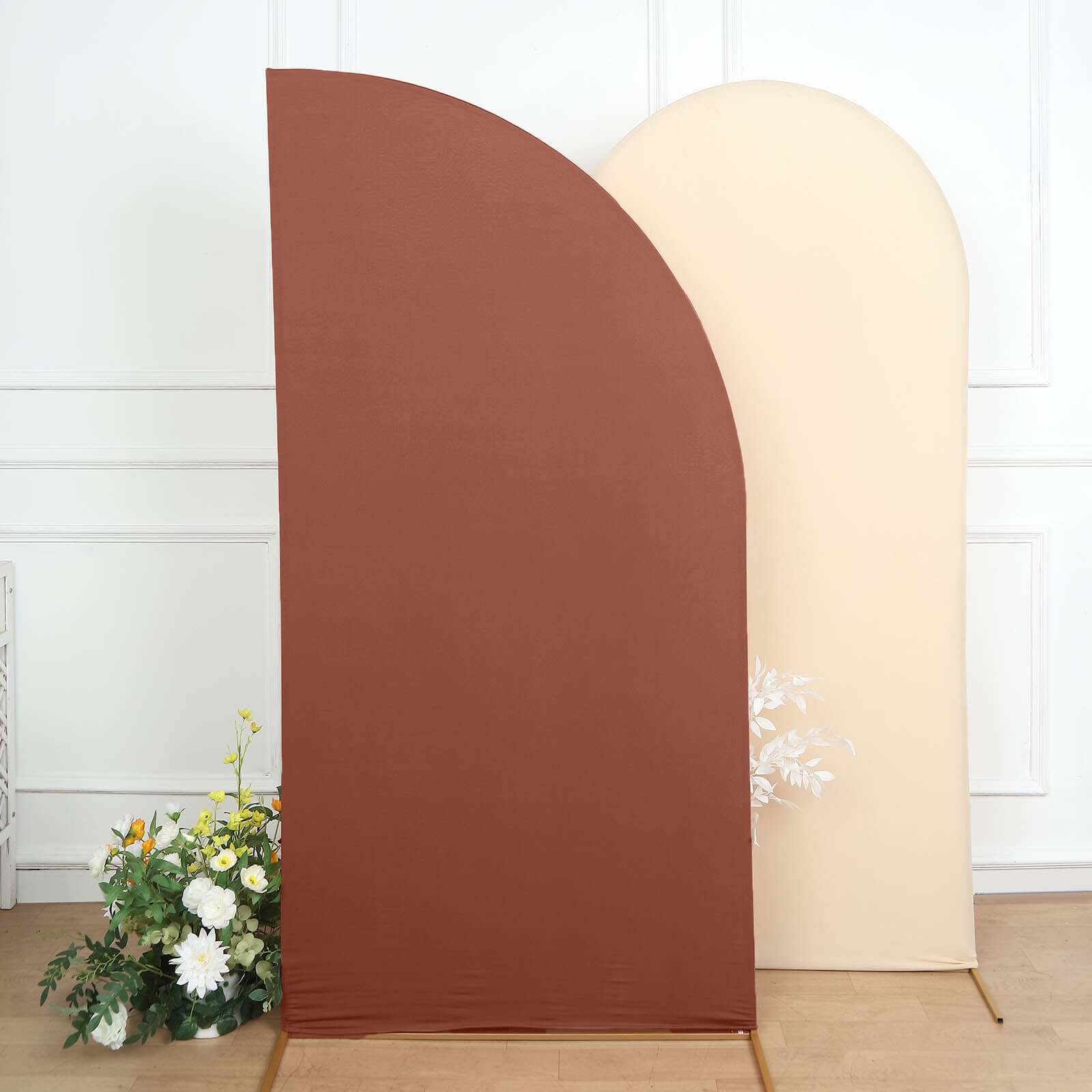 Matte Terracotta (Rust) Fitted Spandex Half Moon Wedding Arch Cover, Custom Fit Chiara Backdrop Stand Cover 7ft - Image 7