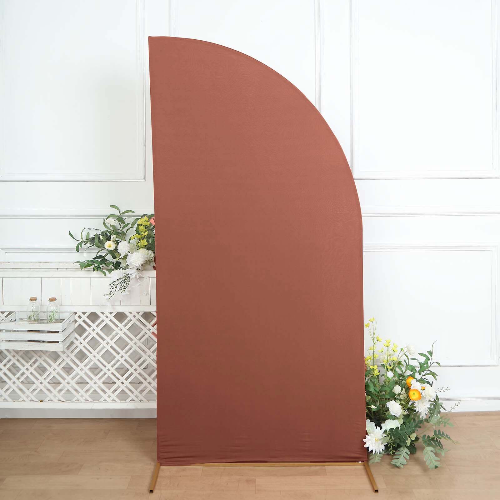 Matte Terracotta (Rust) Fitted Spandex Half Moon Wedding Arch Cover, Custom Fit Chiara Backdrop Stand Cover 7ft - Image 8