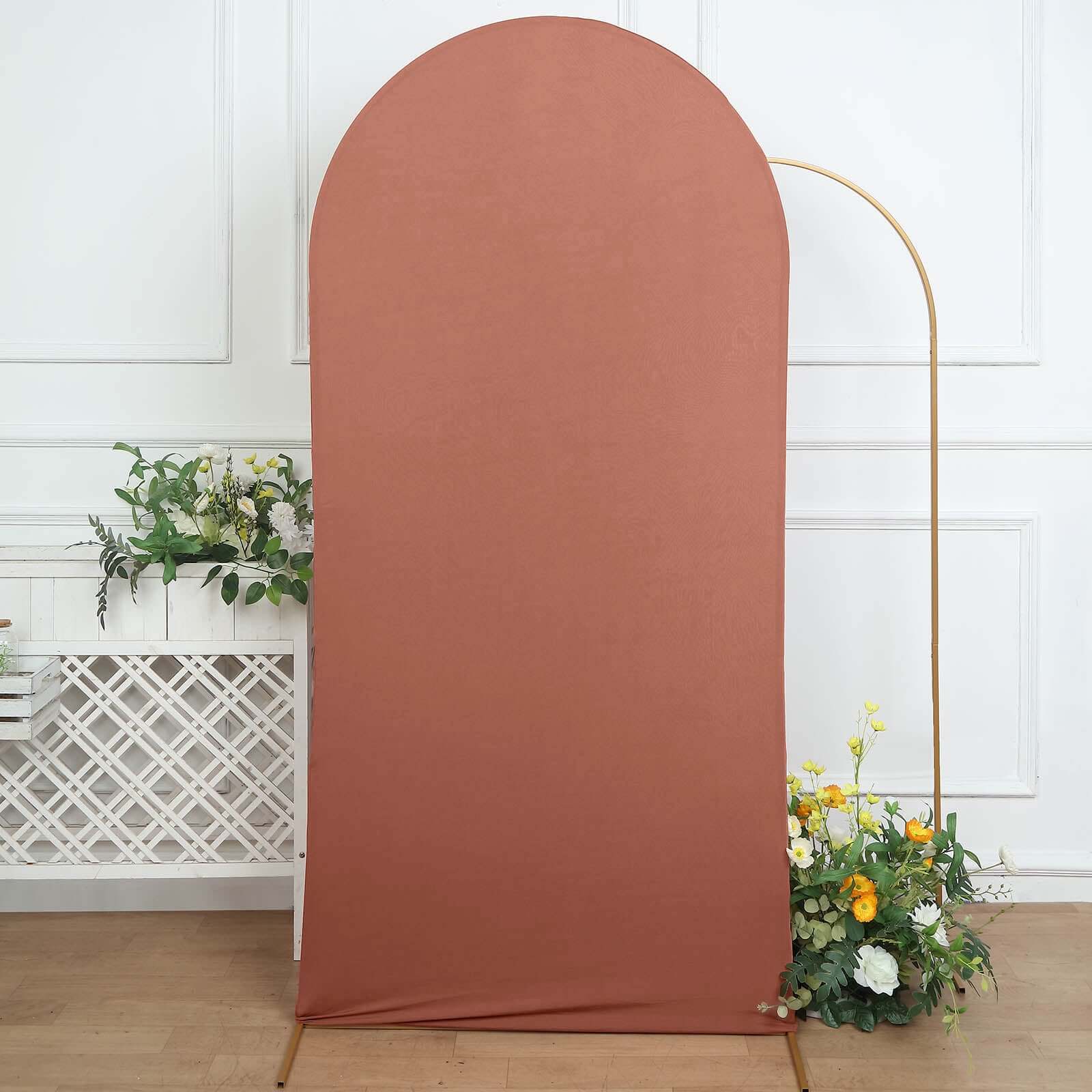 Matte Terracotta (Rust) Spandex Fitted Wedding Arch Cover For Round Top Chiara Backdrop Stand 7ft - Image 7