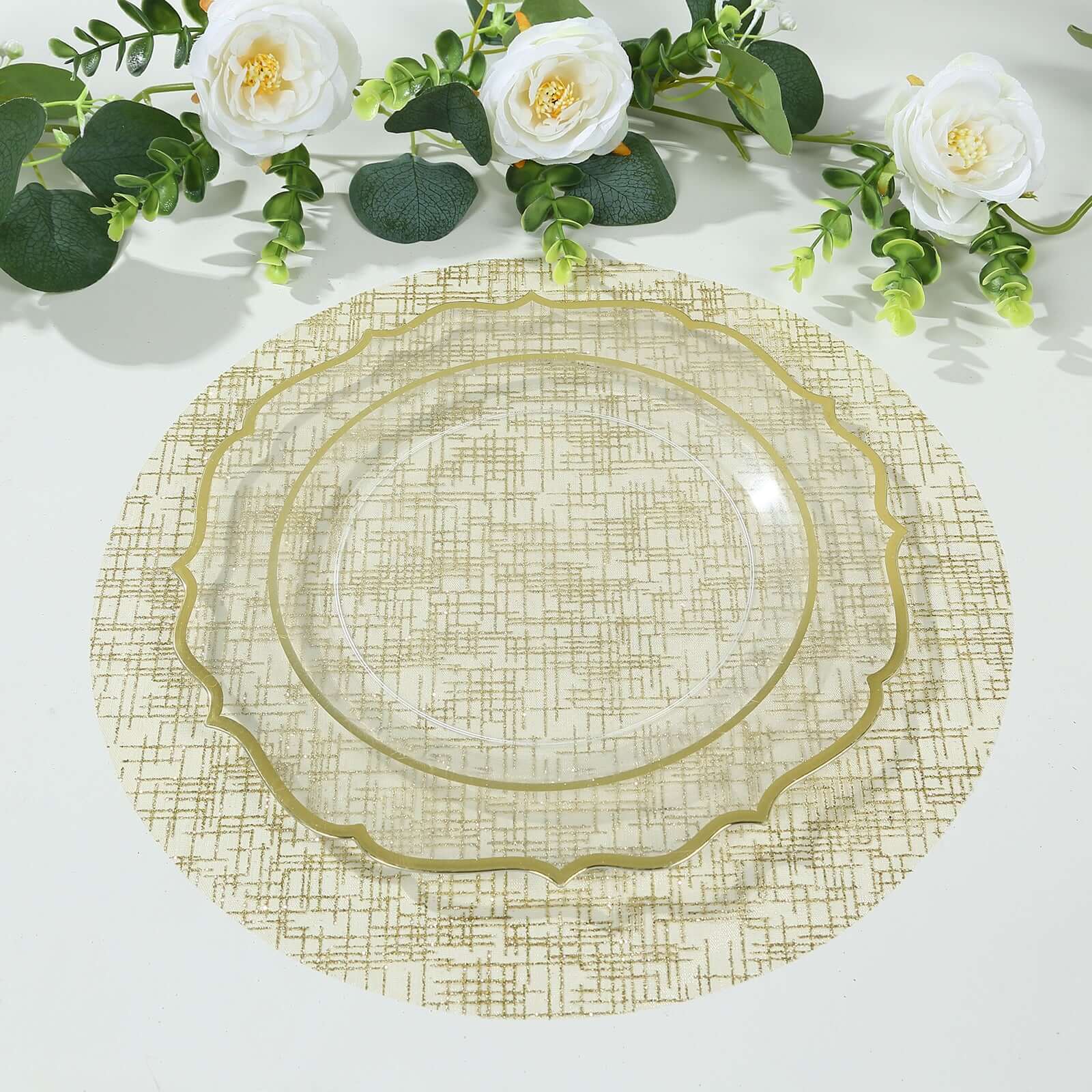 10-Pack Mesh Table Placemats 13" Round Glitter Design Metallic Gold - Polyester Disposable Dining Mats - Image 4
