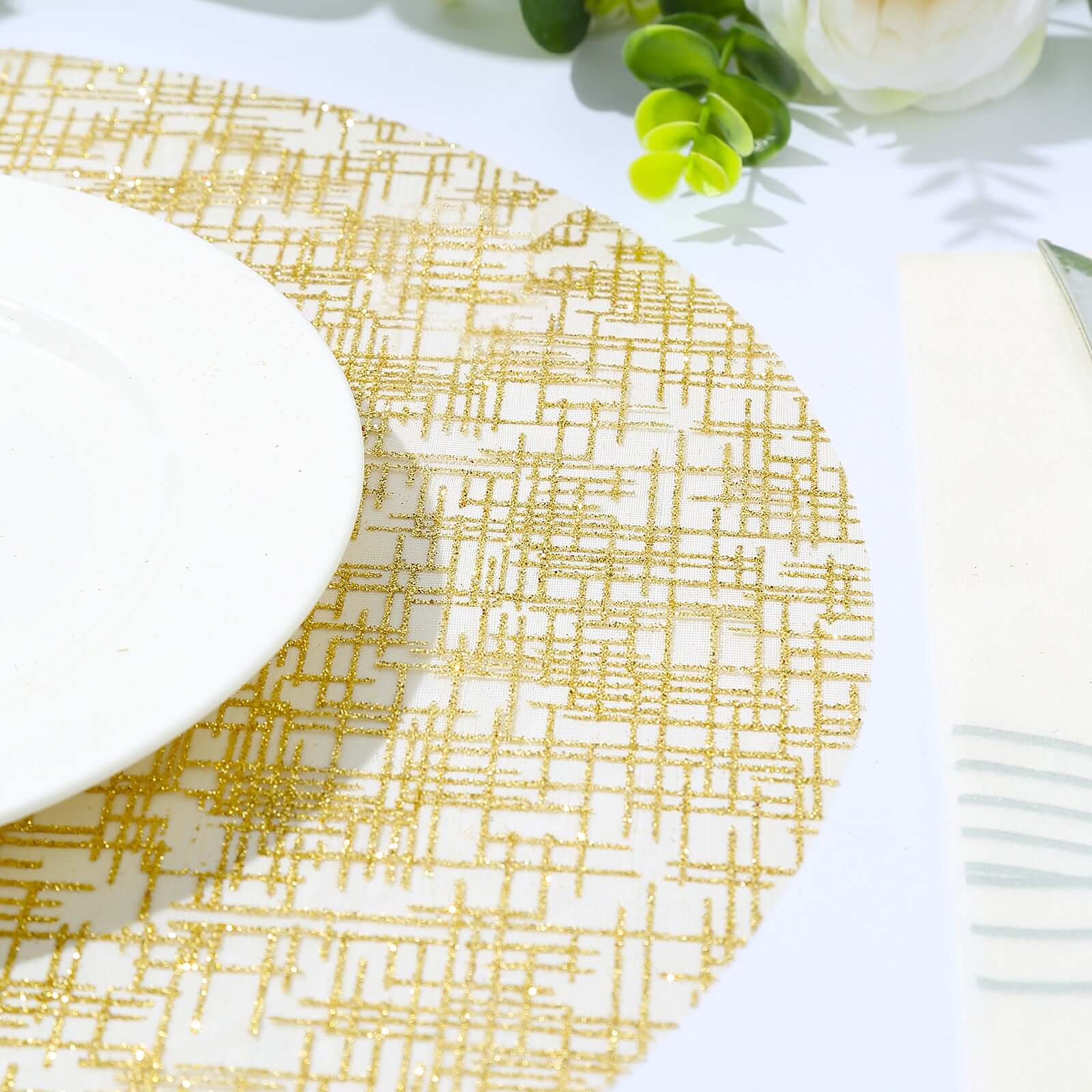 10-Pack Mesh Table Placemats 13" Round Glitter Design Metallic Gold - Polyester Disposable Dining Mats - Image 8