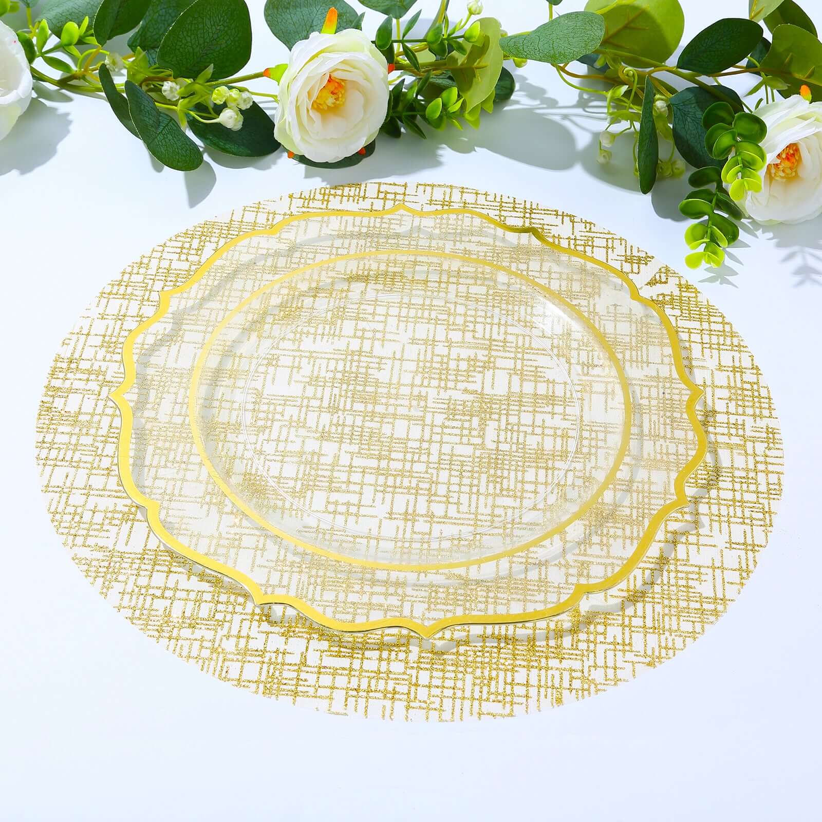 10-Pack Mesh Table Placemats 13" Round Glitter Design Metallic Gold - Polyester Disposable Dining Mats - Image 9
