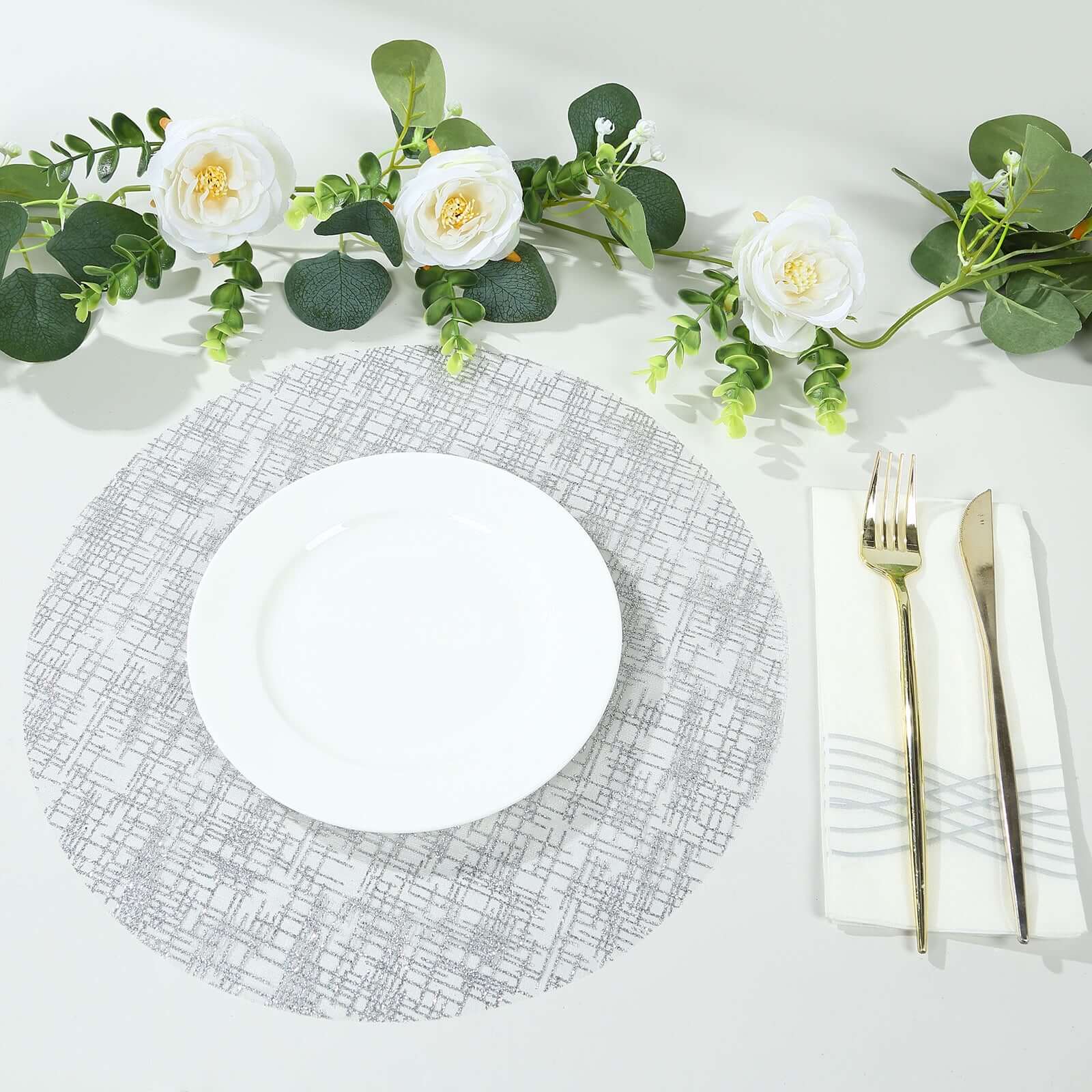 10-Pack Mesh Table Placemats 13" Round Glitter Design Metallic Silver - Polyester Disposable Dining Mats - Image 4