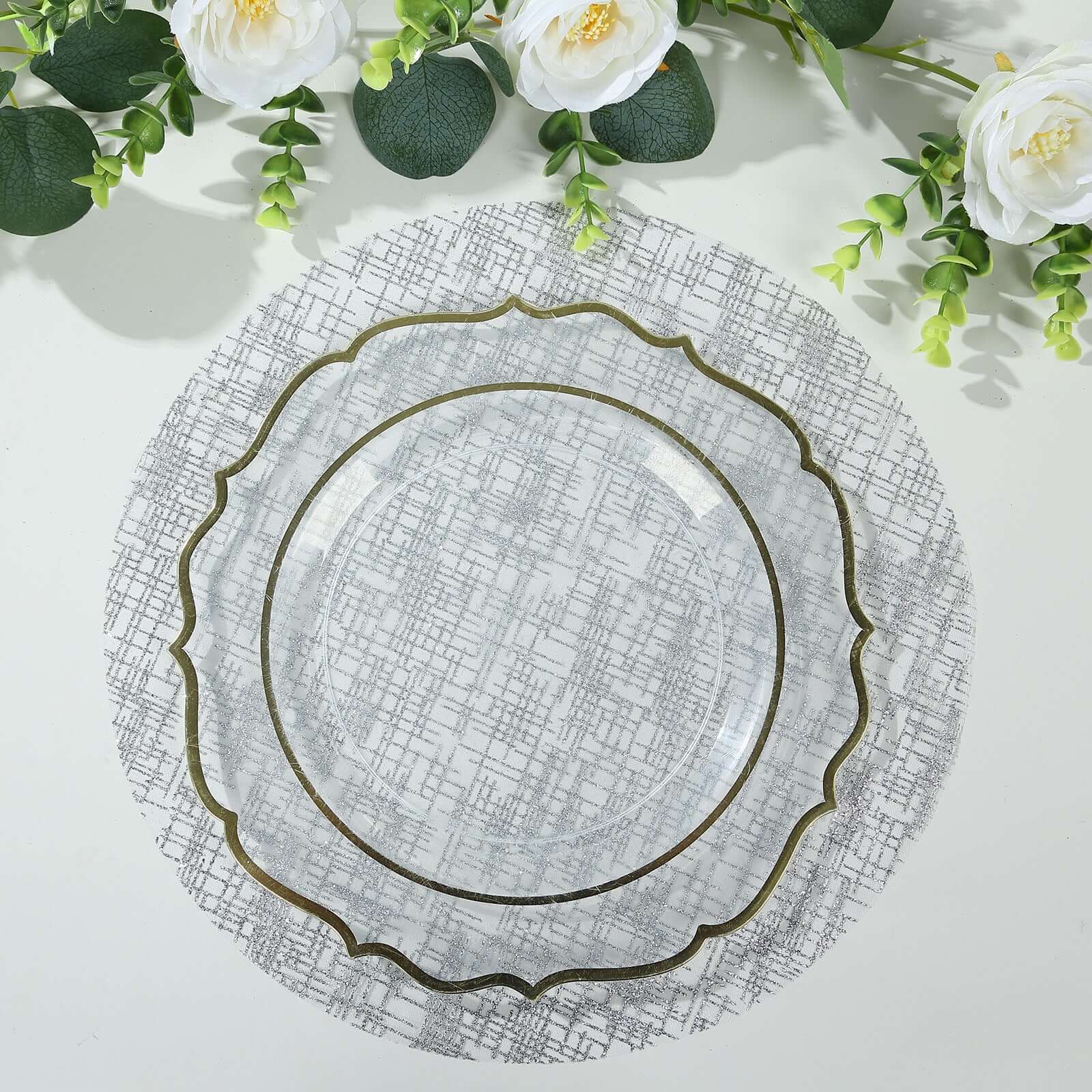 10-Pack Mesh Table Placemats 13" Round Glitter Design Metallic Silver - Polyester Disposable Dining Mats - Image 8