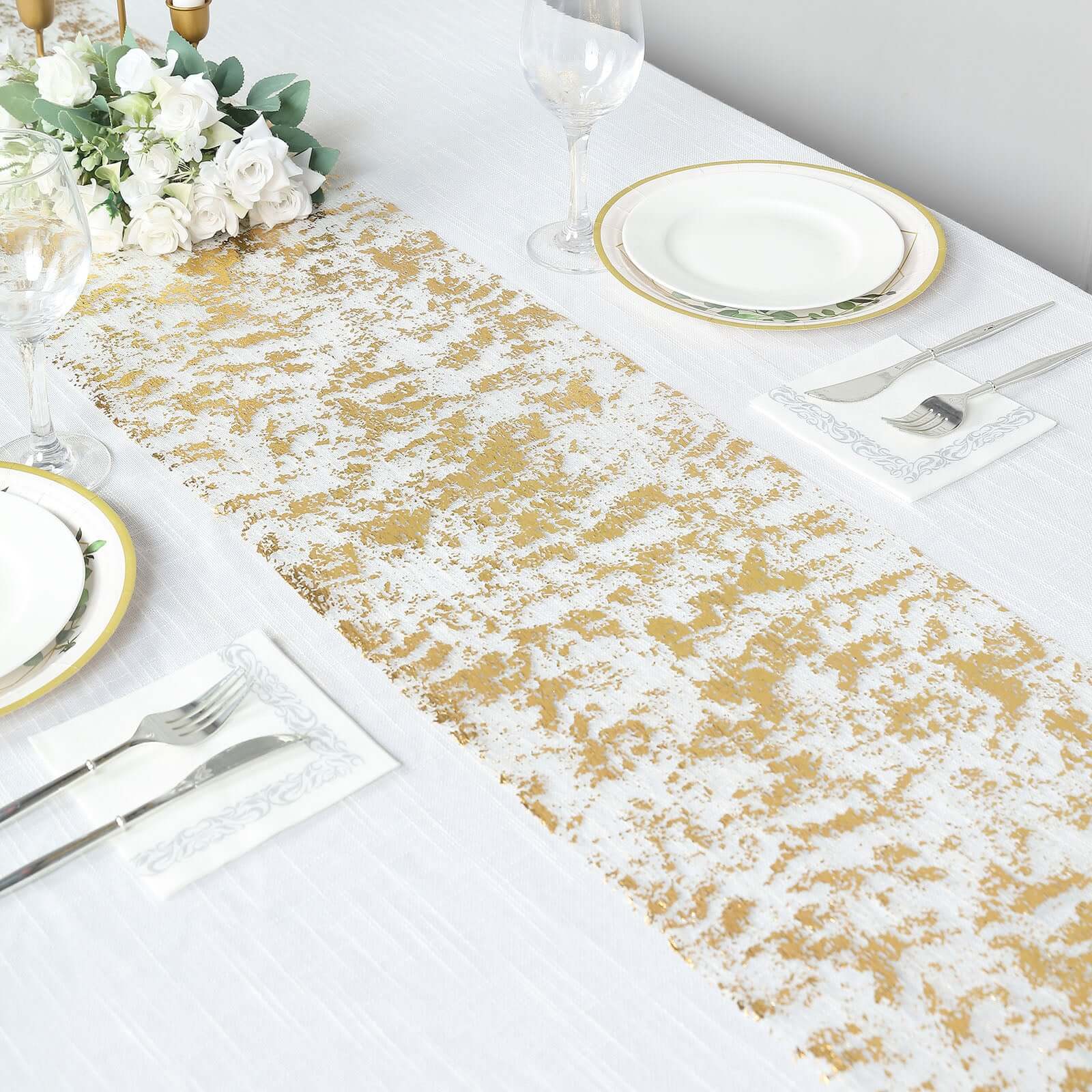 Mesh Polyester Table Runner Roll 108" Metallic Gold Distressed Foil Printing - Chic Disposable Party Table Decor - Image 7