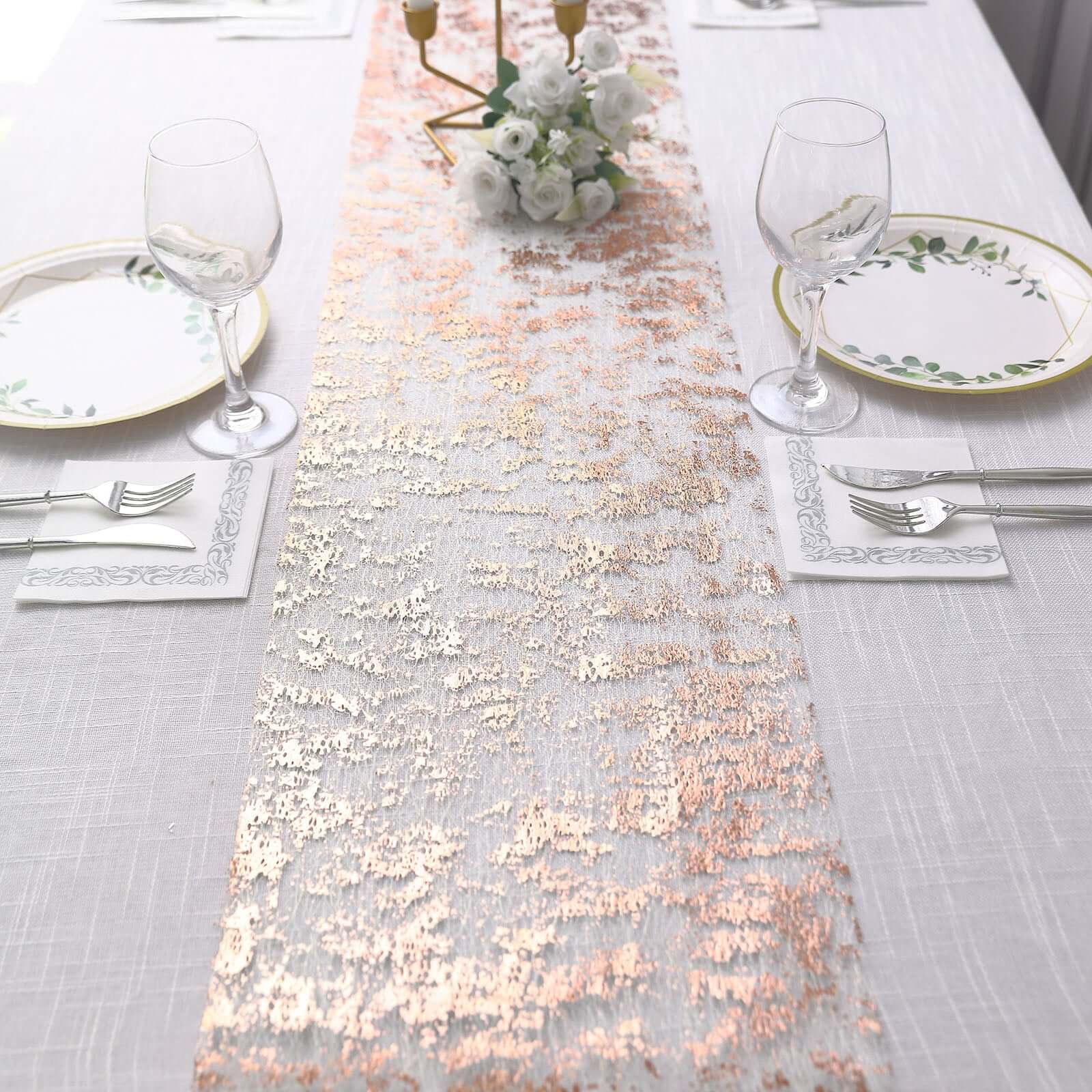 Mesh Polyester Table Runner Roll 108" Metallic Rose Gold Distressed Foil Printing - Disposable Table Decor - Image 6