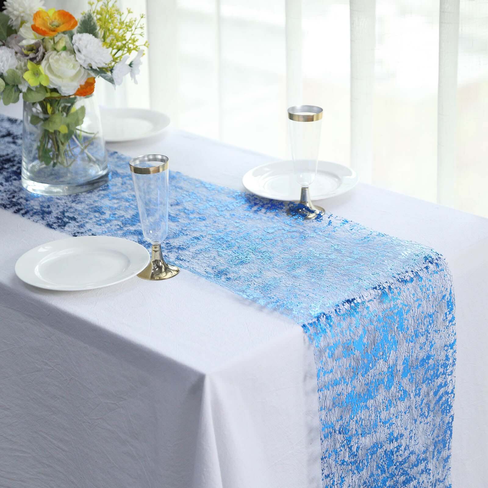 Mesh Polyester Table Runner Roll 108" Metallic Royal Blue Distressed Foil Printing - Disposable Table Decor