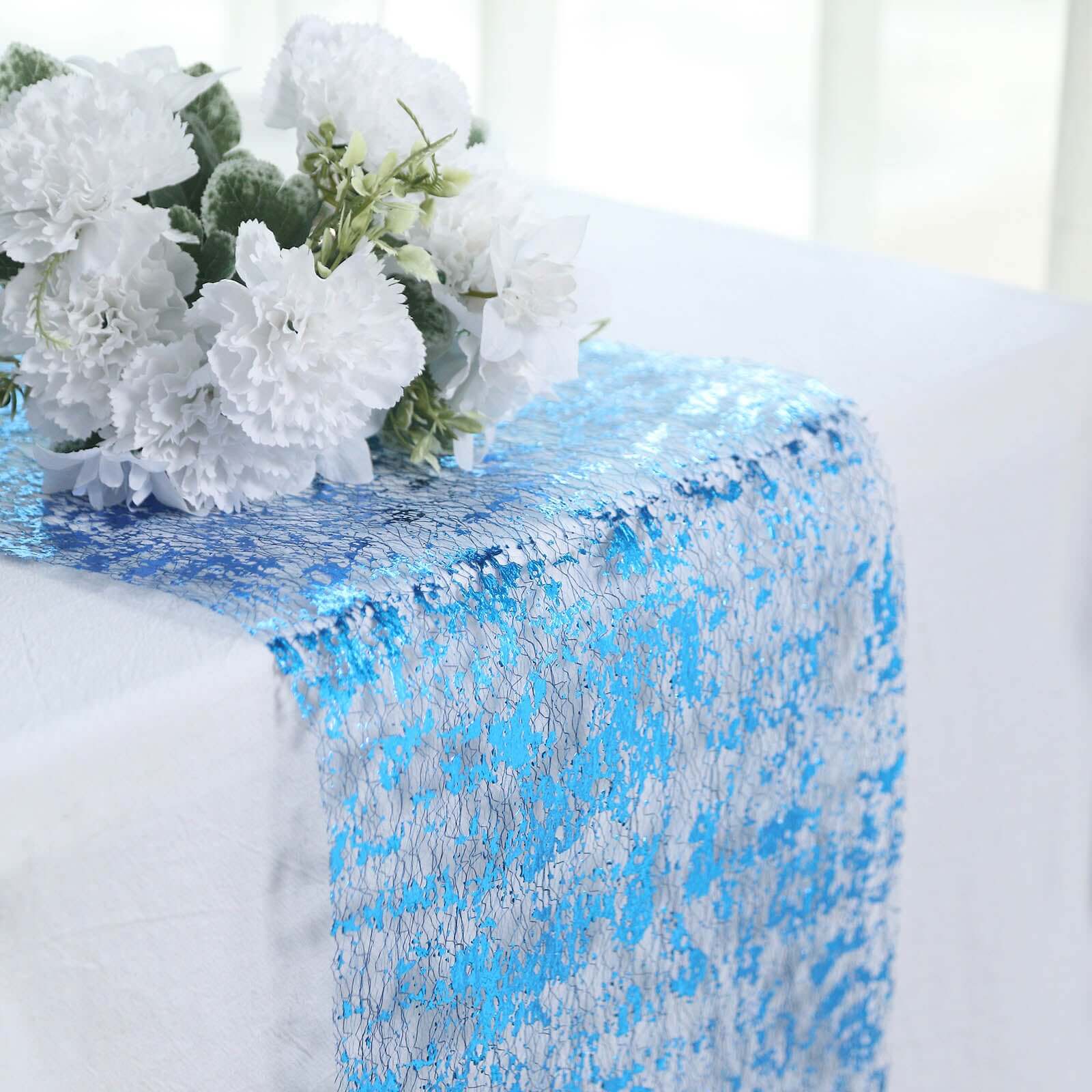Mesh Polyester Table Runner Roll 108" Metallic Royal Blue Distressed Foil Printing - Disposable Table Decor - Image 2