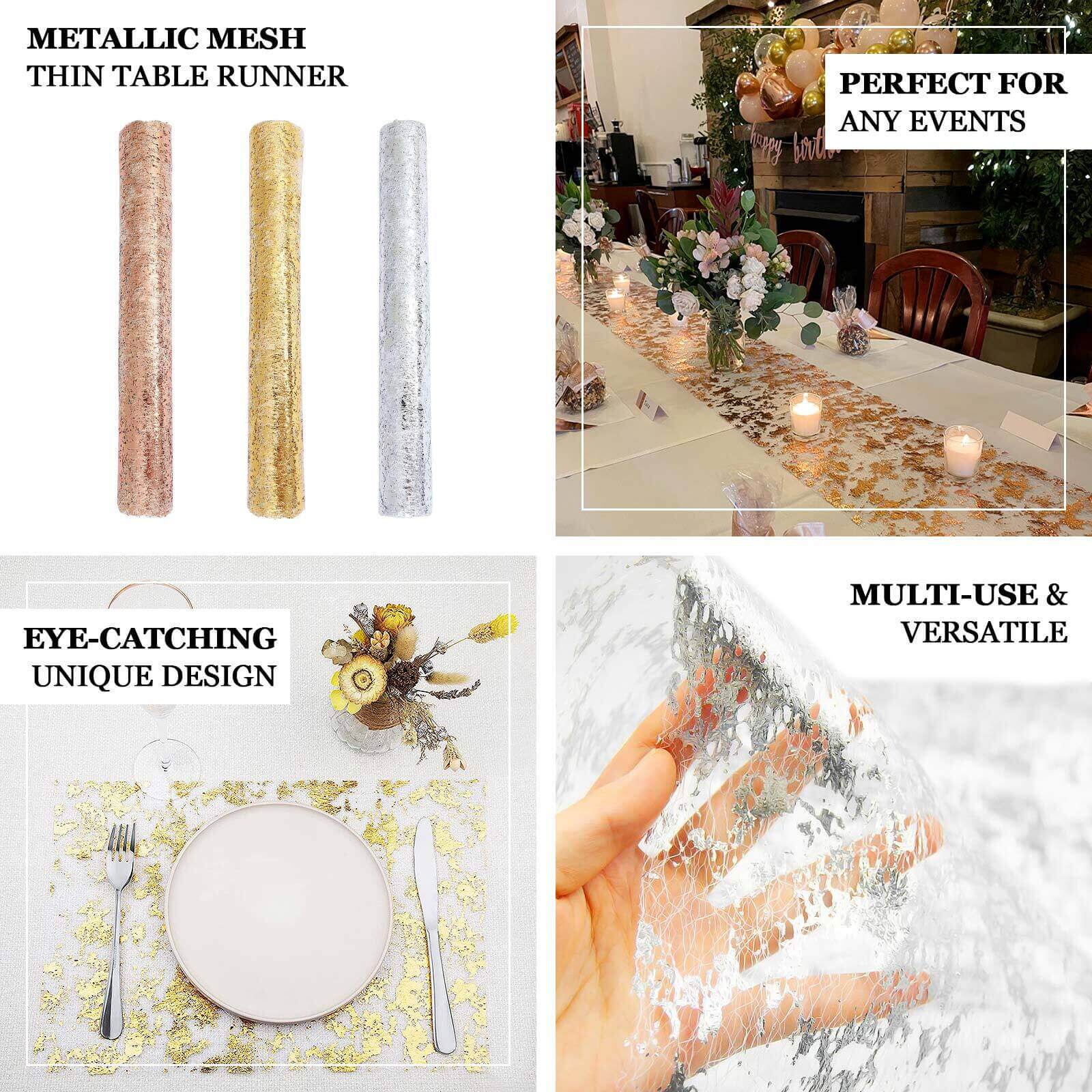Mesh Polyester Table Runner Roll 108" Metallic Royal Blue Distressed Foil Printing - Disposable Table Decor - Image 4