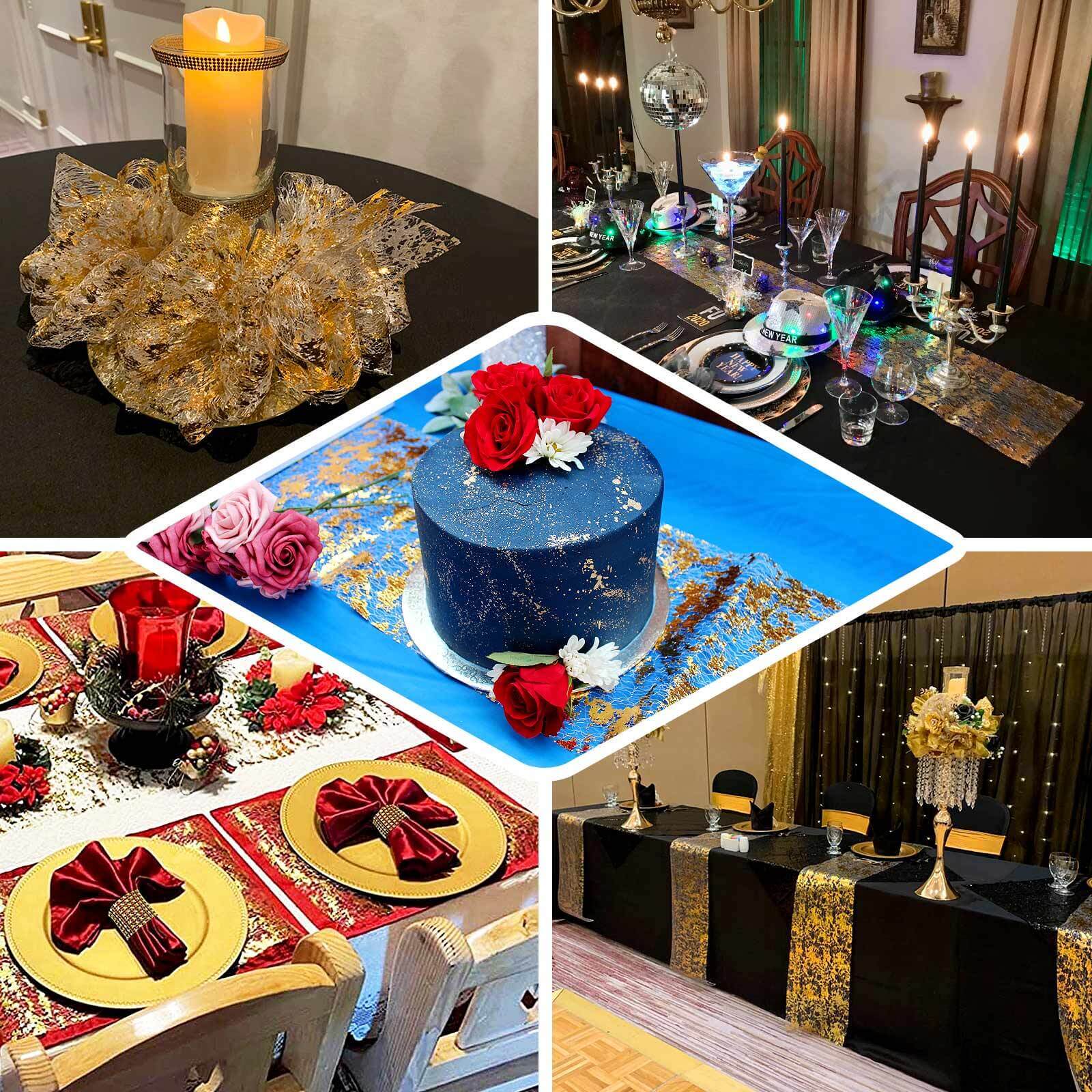 Mesh Polyester Table Runner Roll 108" Metallic Royal Blue Distressed Foil Printing - Disposable Table Decor - Image 5