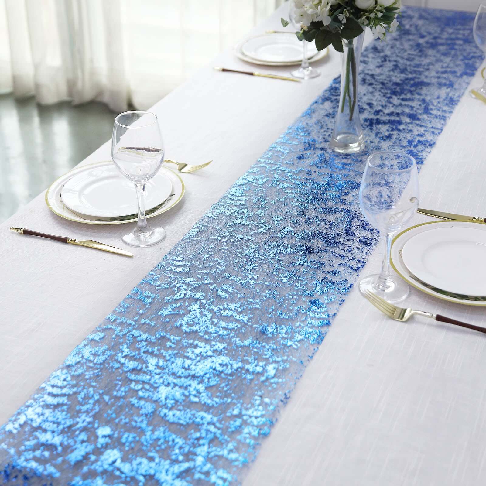 Mesh Polyester Table Runner Roll 108" Metallic Royal Blue Distressed Foil Printing - Disposable Table Decor - Image 6