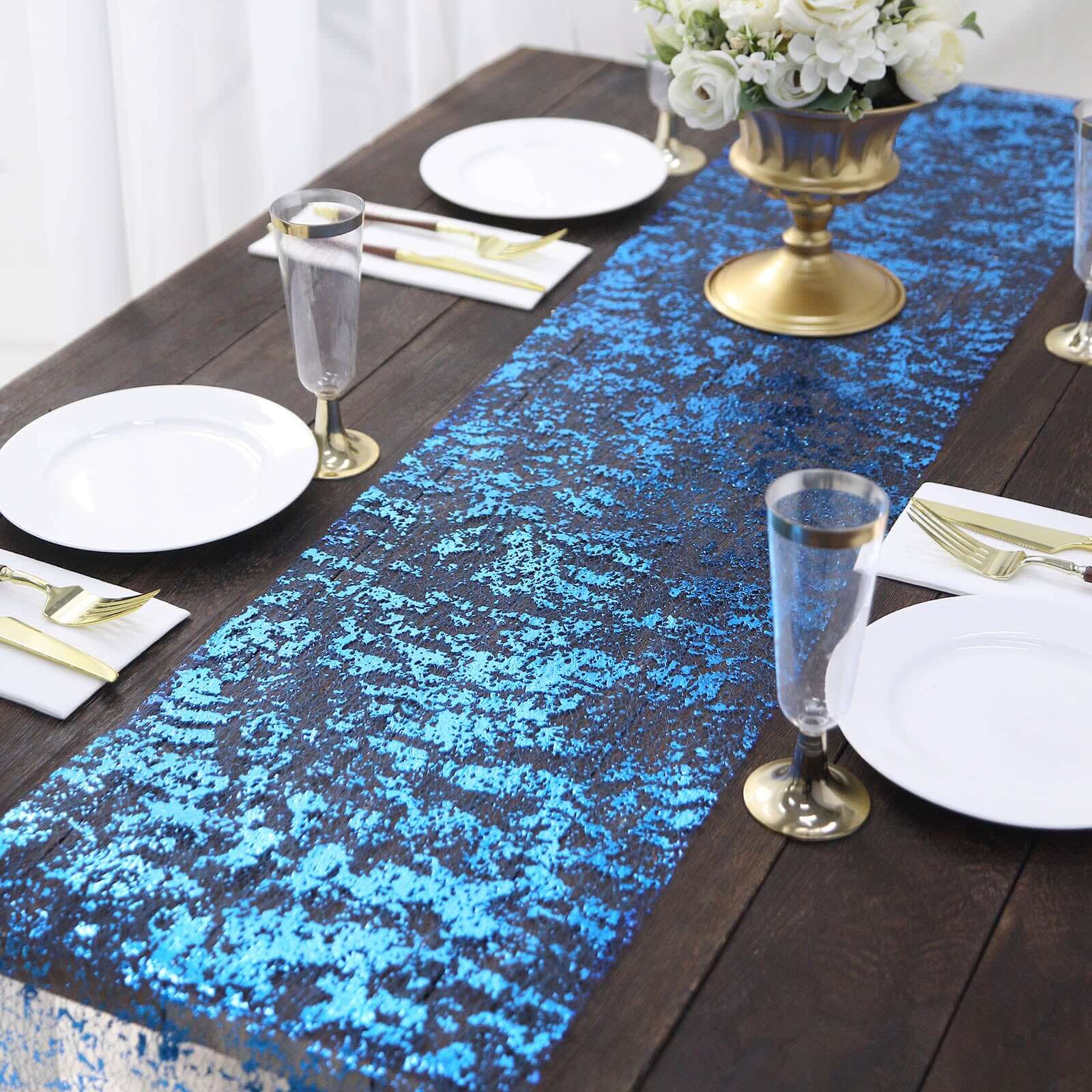 Mesh Polyester Table Runner Roll 108" Metallic Royal Blue Distressed Foil Printing - Disposable Table Decor - Image 7