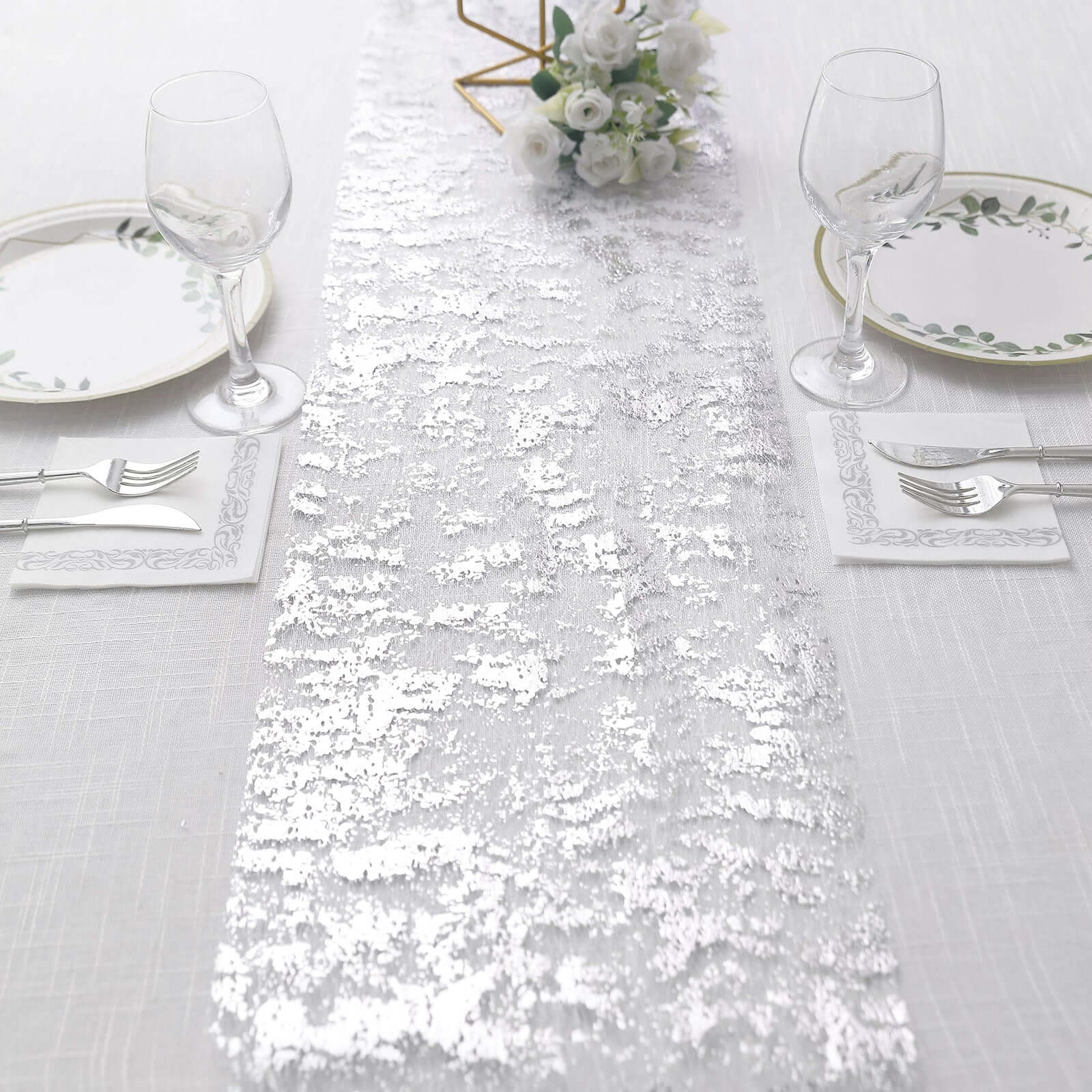 Mesh Polyester Table Runner Roll 108" Metallic Silver Distressed Foil Printing - Disposable Table Decor - Image 6