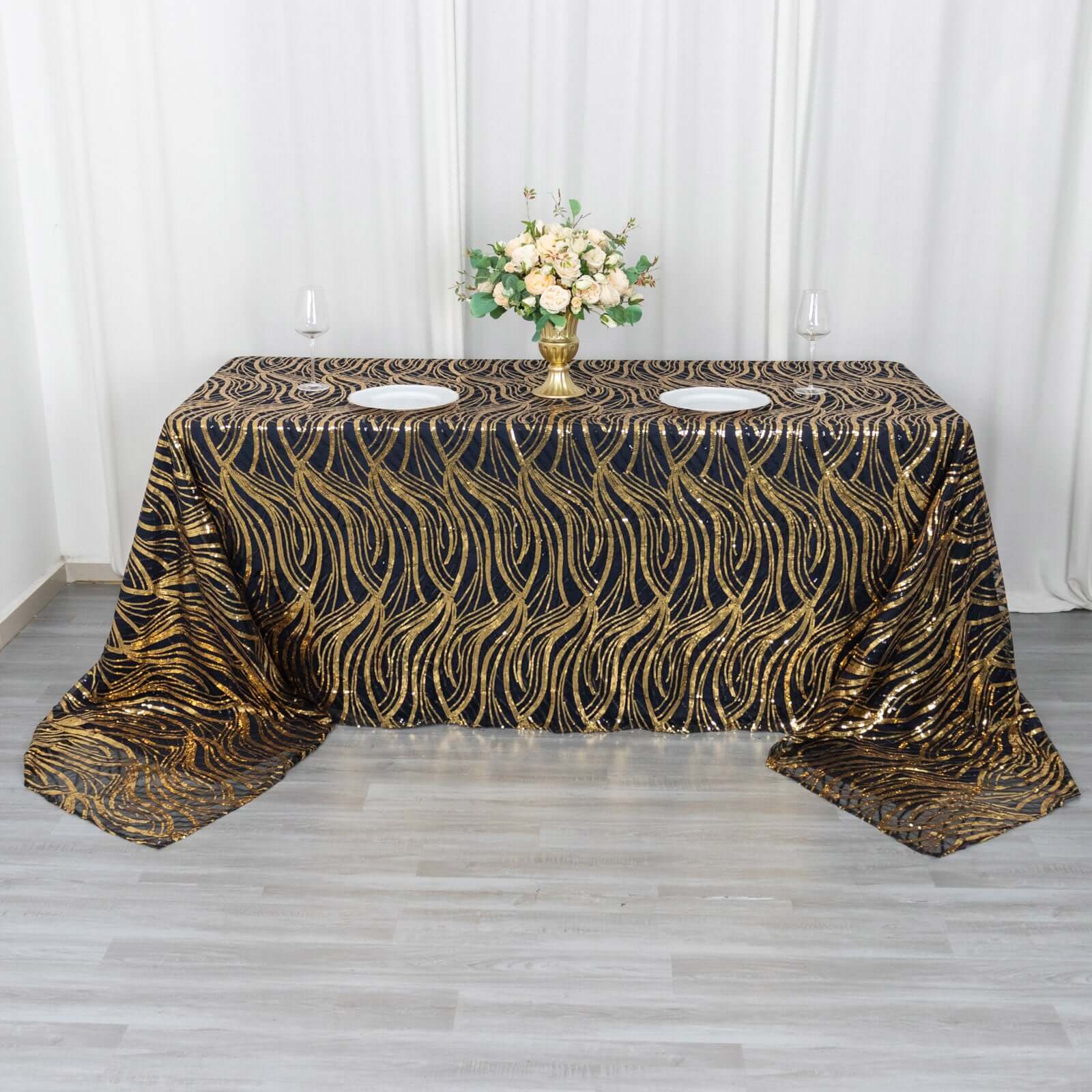 Mesh Rectangle Tablecloth 90"x156" Black Gold - Wave Embroidered Sequin Table Cover - Image 2