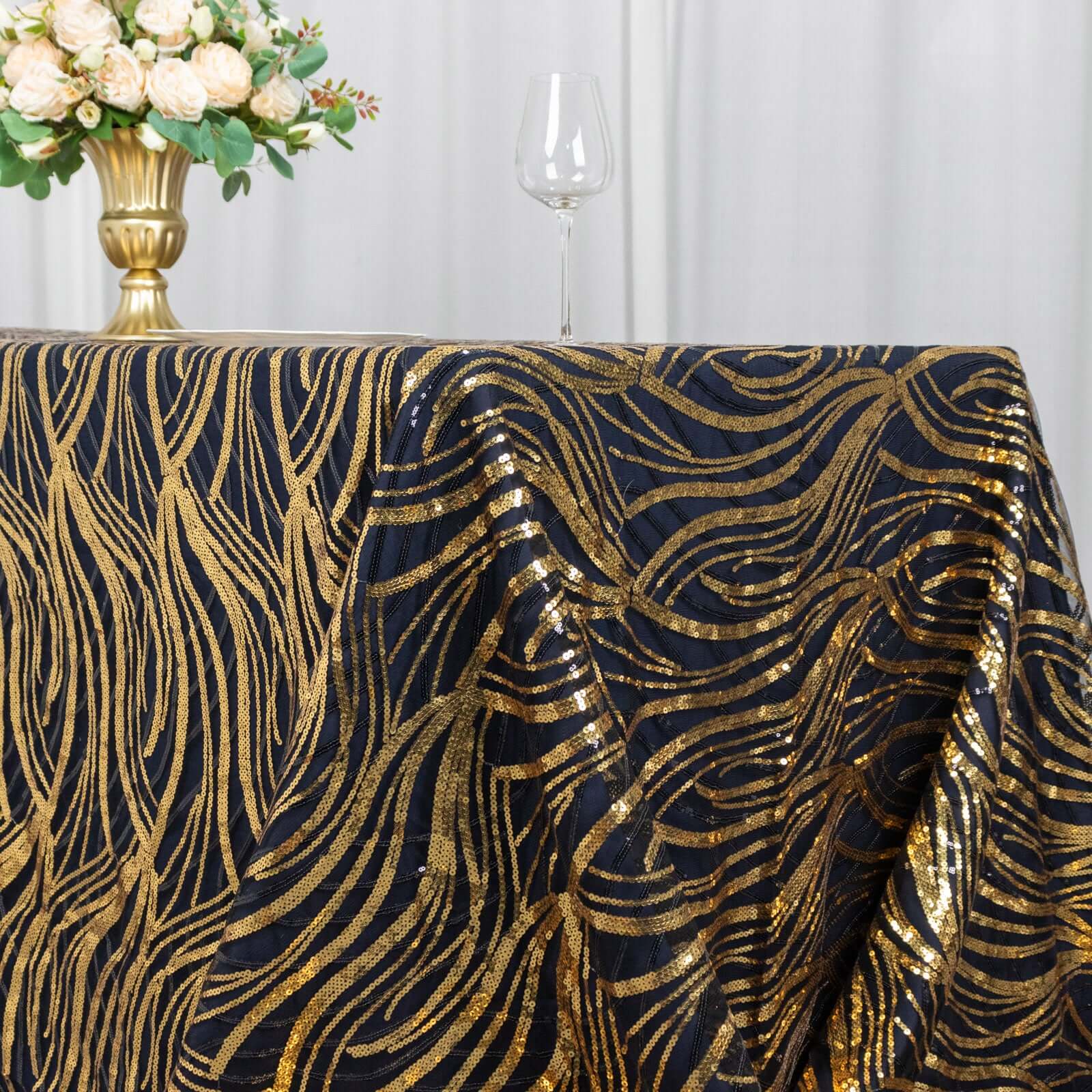 Mesh Rectangle Tablecloth 90"x156" Black Gold - Wave Embroidered Sequin Table Cover - Image 3