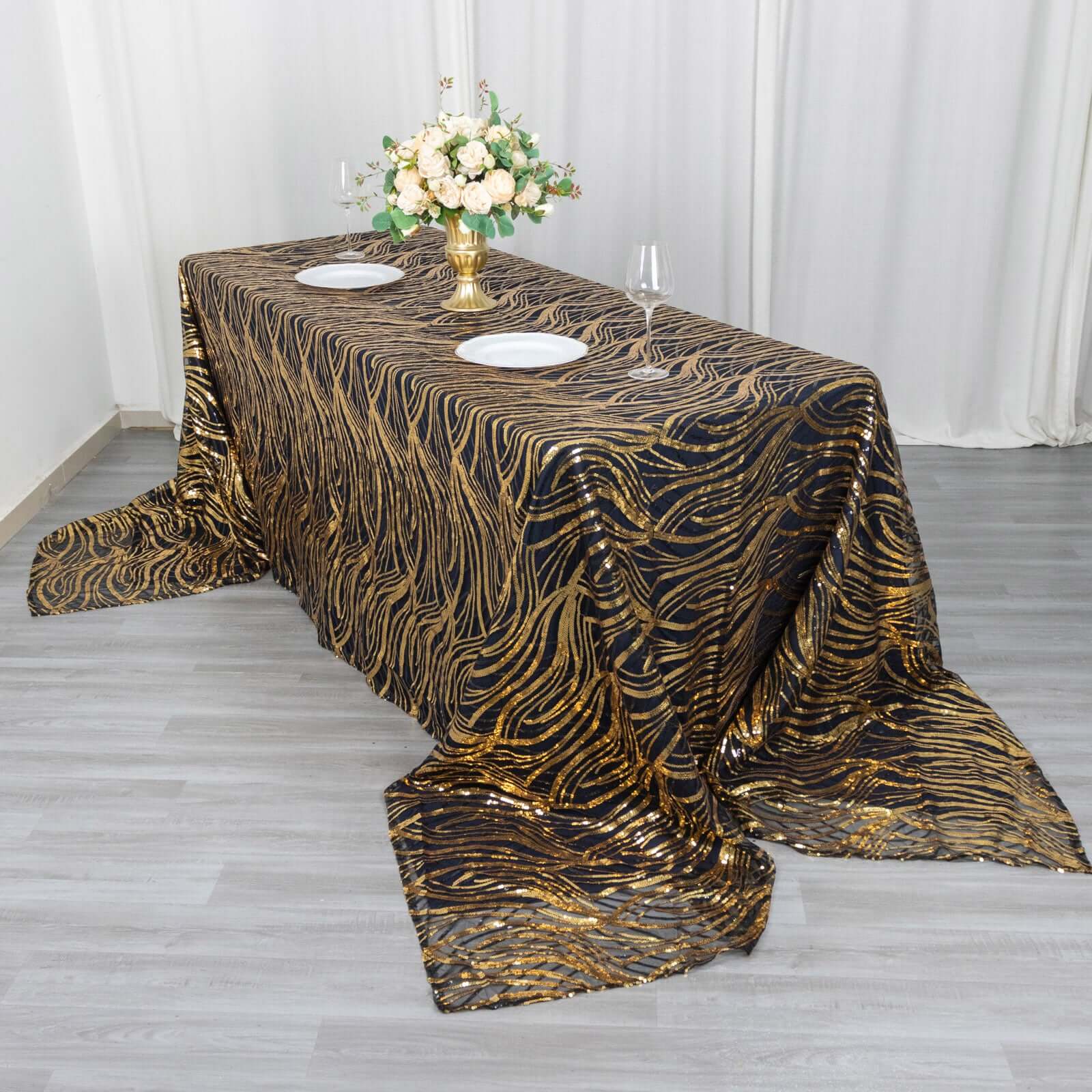 Mesh Rectangle Tablecloth 90"x156" Black Gold - Wave Embroidered Sequin Table Cover - Image 4