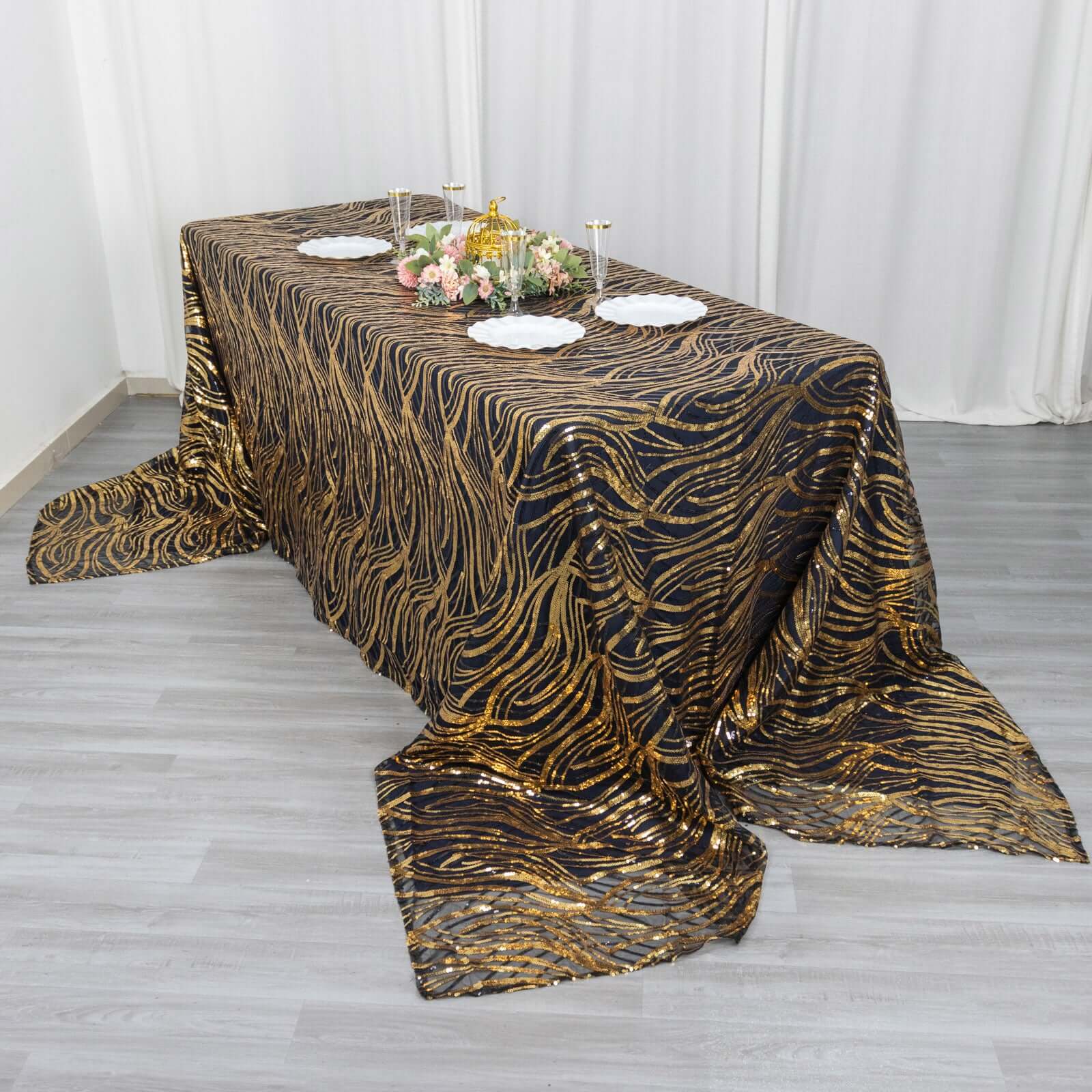Mesh Rectangle Tablecloth 90"x156" Black Gold - Wave Embroidered Sequin Table Cover - Image 7