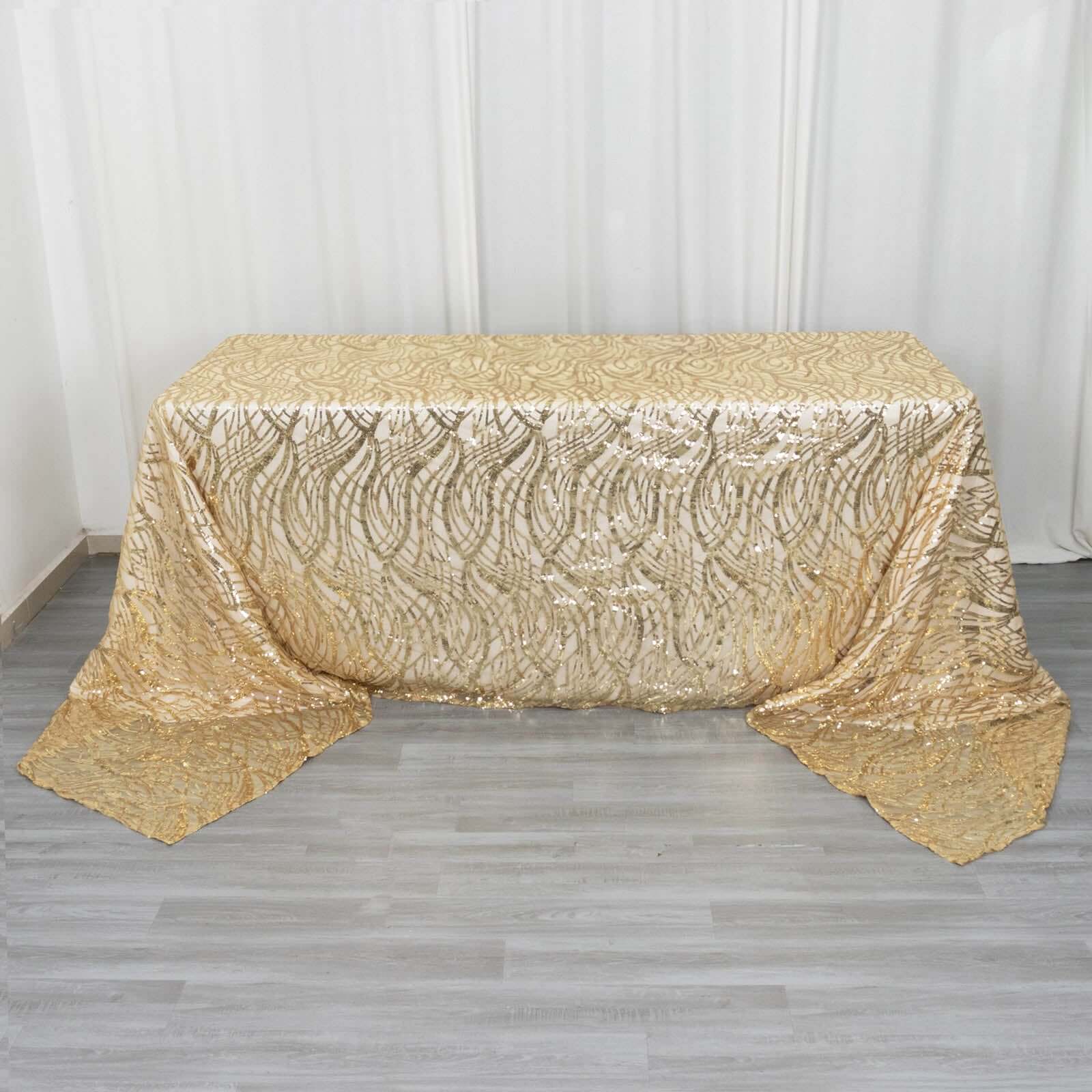 Mesh Rectangle Tablecloth 90"x156" Champagne - Wave Embroidered Sequin Table Cover