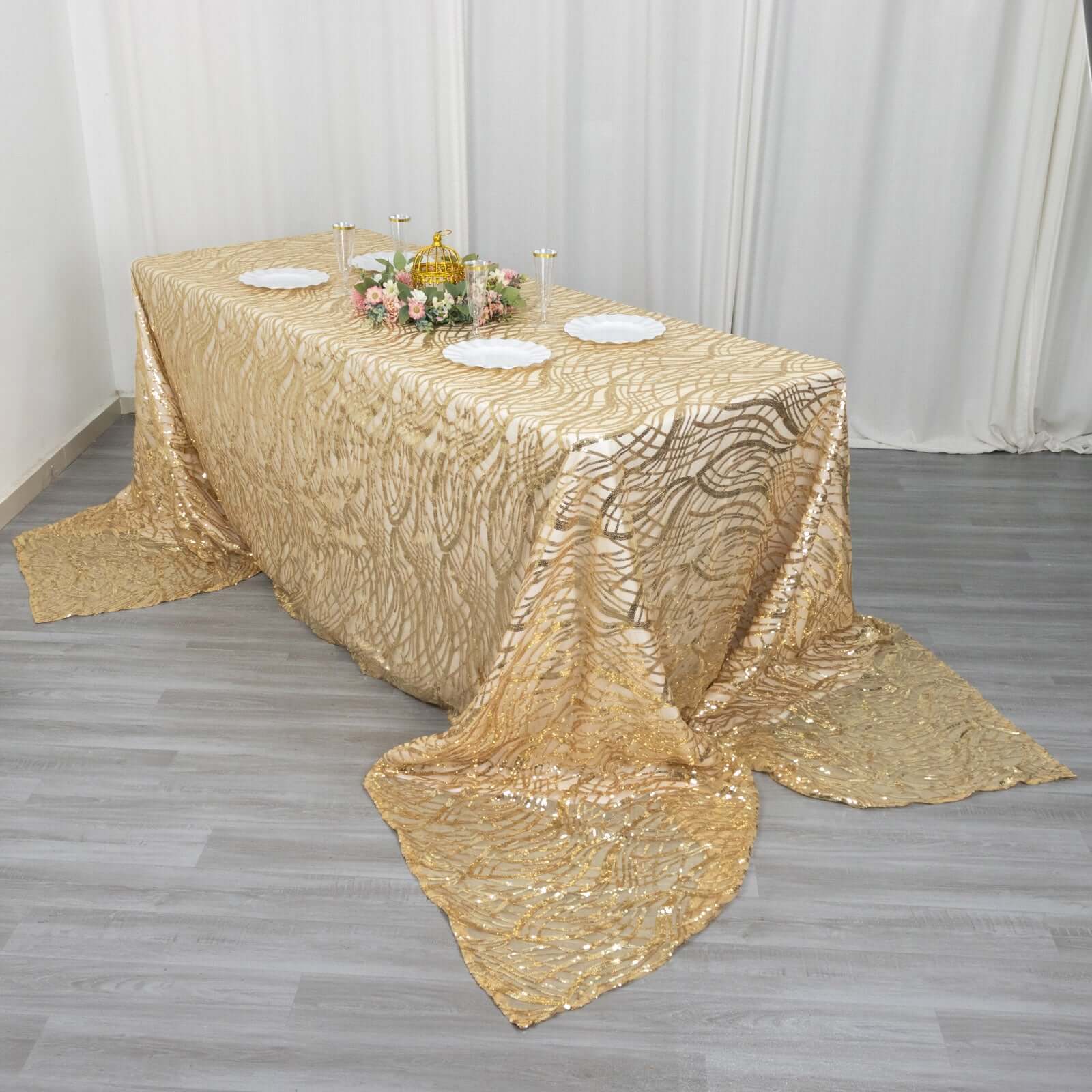 Mesh Rectangle Tablecloth 90"x156" Champagne - Wave Embroidered Sequin Table Cover - Image 3