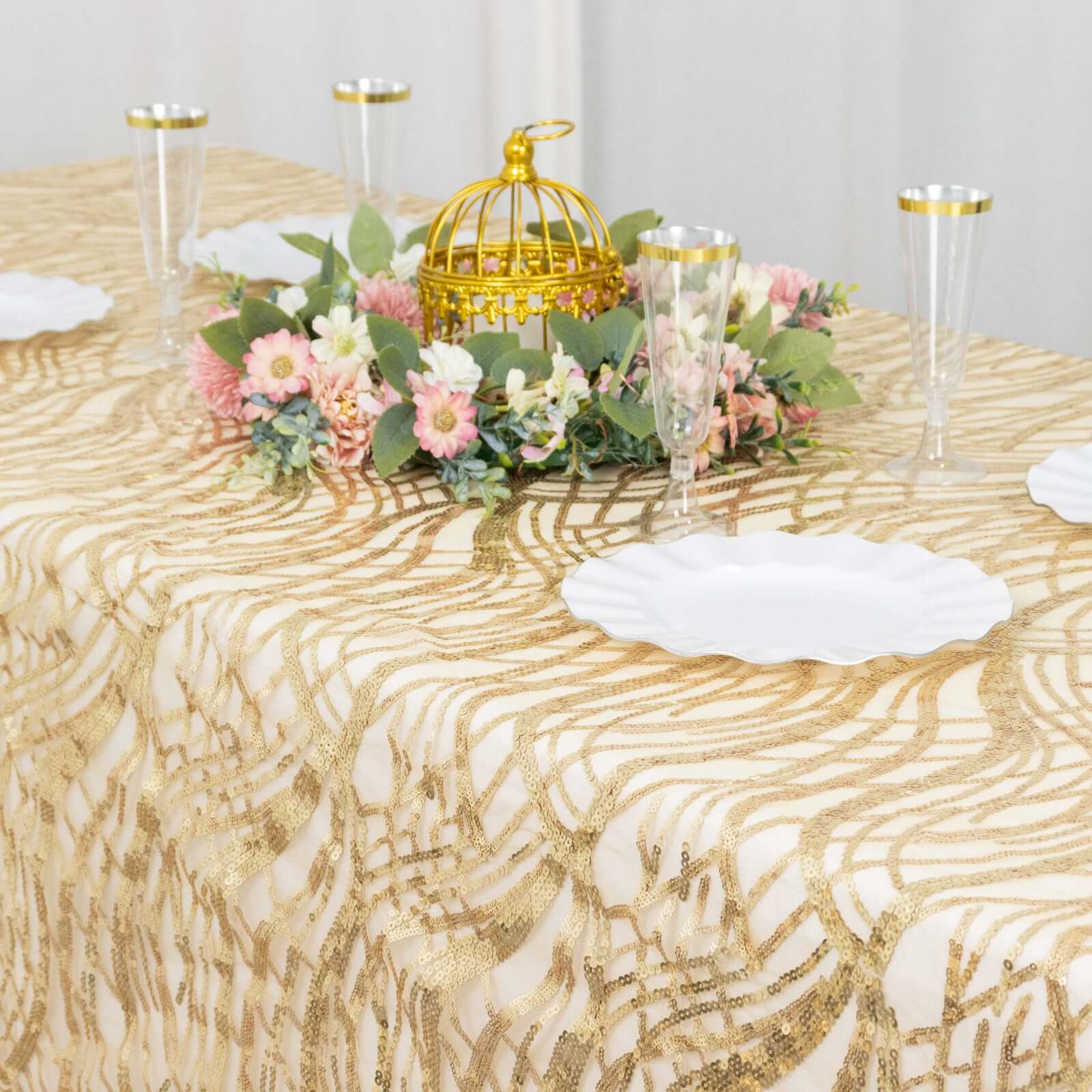 Mesh Rectangle Tablecloth 90"x156" Champagne - Wave Embroidered Sequin Table Cover - Image 4