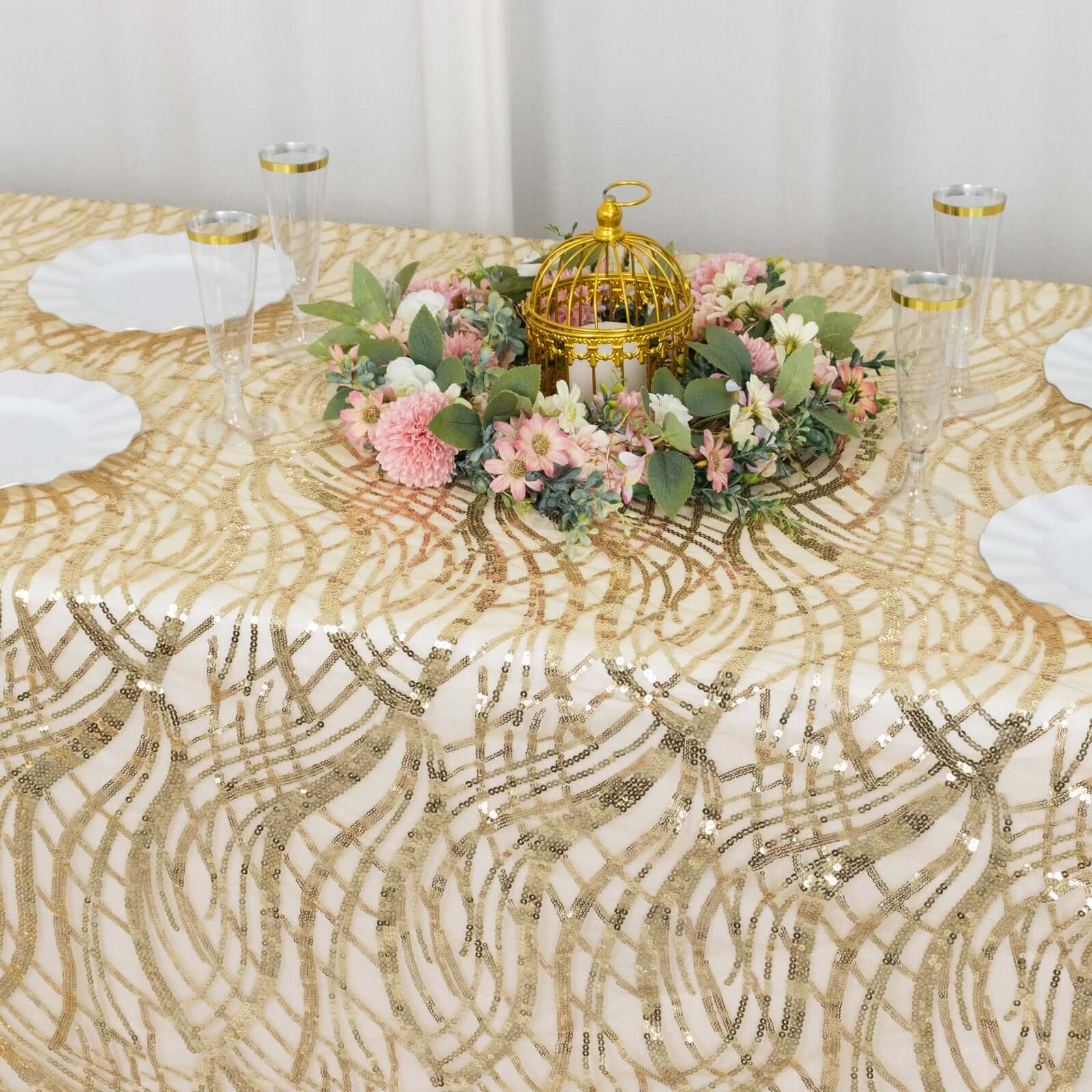 Mesh Rectangle Tablecloth 90"x156" Champagne - Wave Embroidered Sequin Table Cover - Image 6